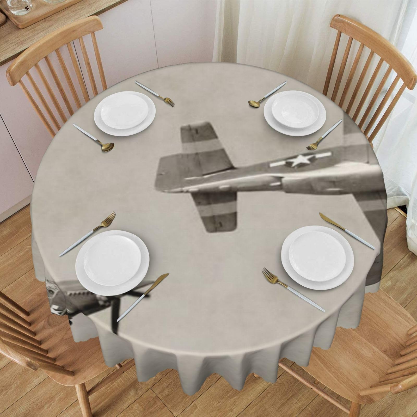 DCEHGEW 60 In Round Tablecloth with Lace, World War 2 Aircraft Airplane Pattern Printed Oilproof & Washable Fabric Picnic Table Cloth Table Covers