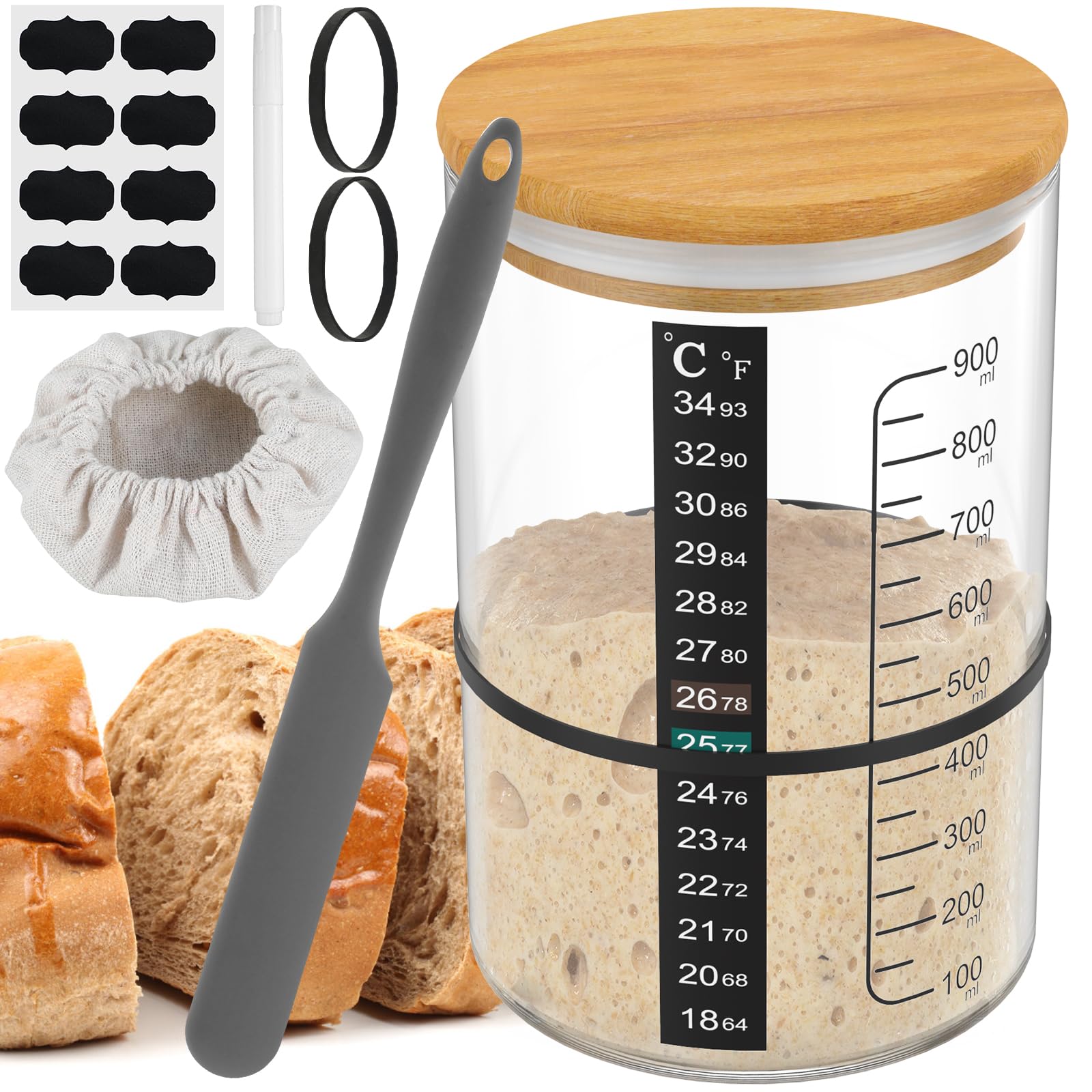 Set di base per lievito naturale, 1000 ml, vetro con spatola in silicone, nastro di misurazione, copertura – ideale per un sourdough perfetto