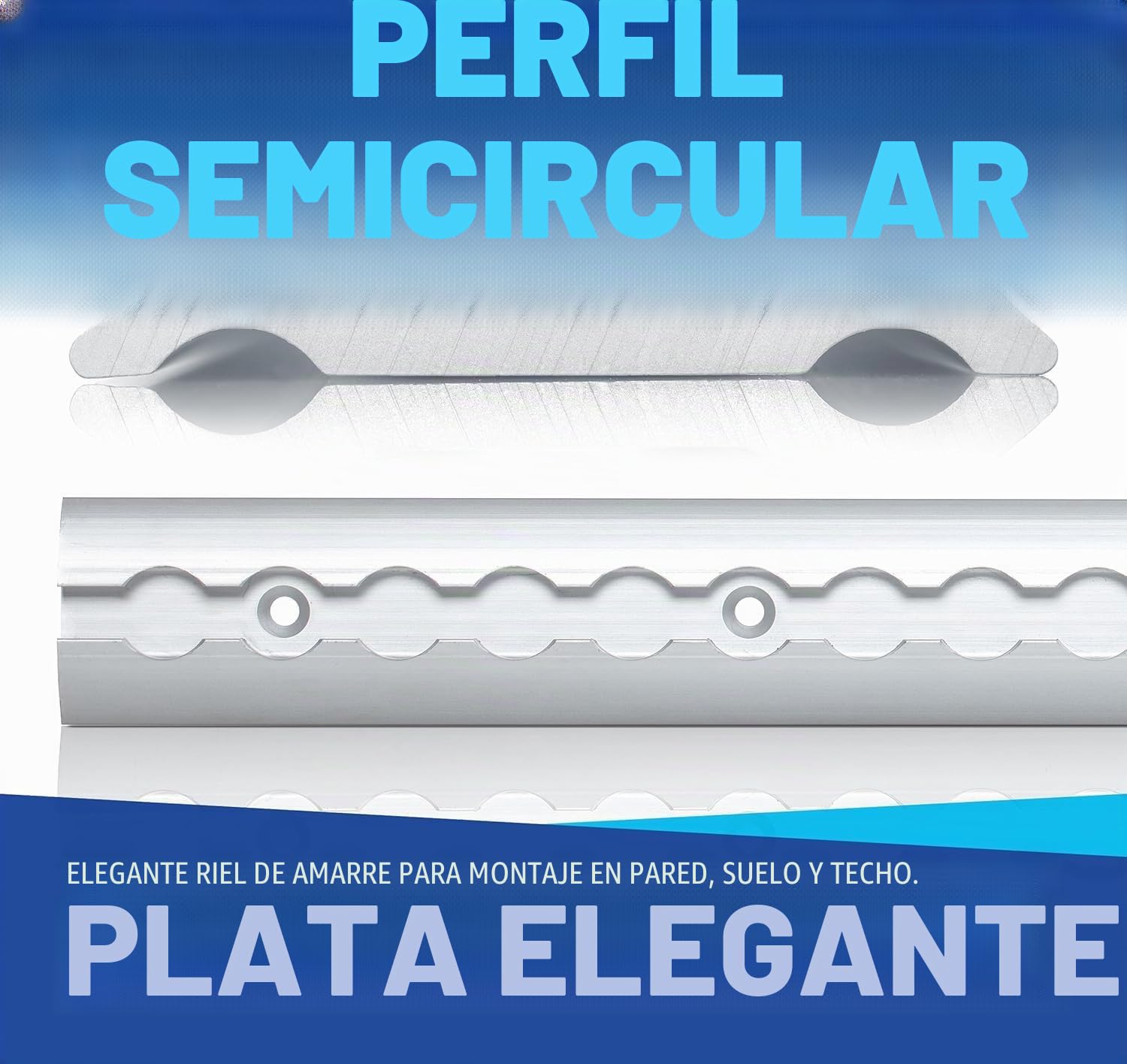 Riel de amarre Airline de aluminio 4 x 2 m, forma redonda, semirredonda, con perforaciones 2 m, set de iniciación 1975 mm, con 20 accesorios de aluminio