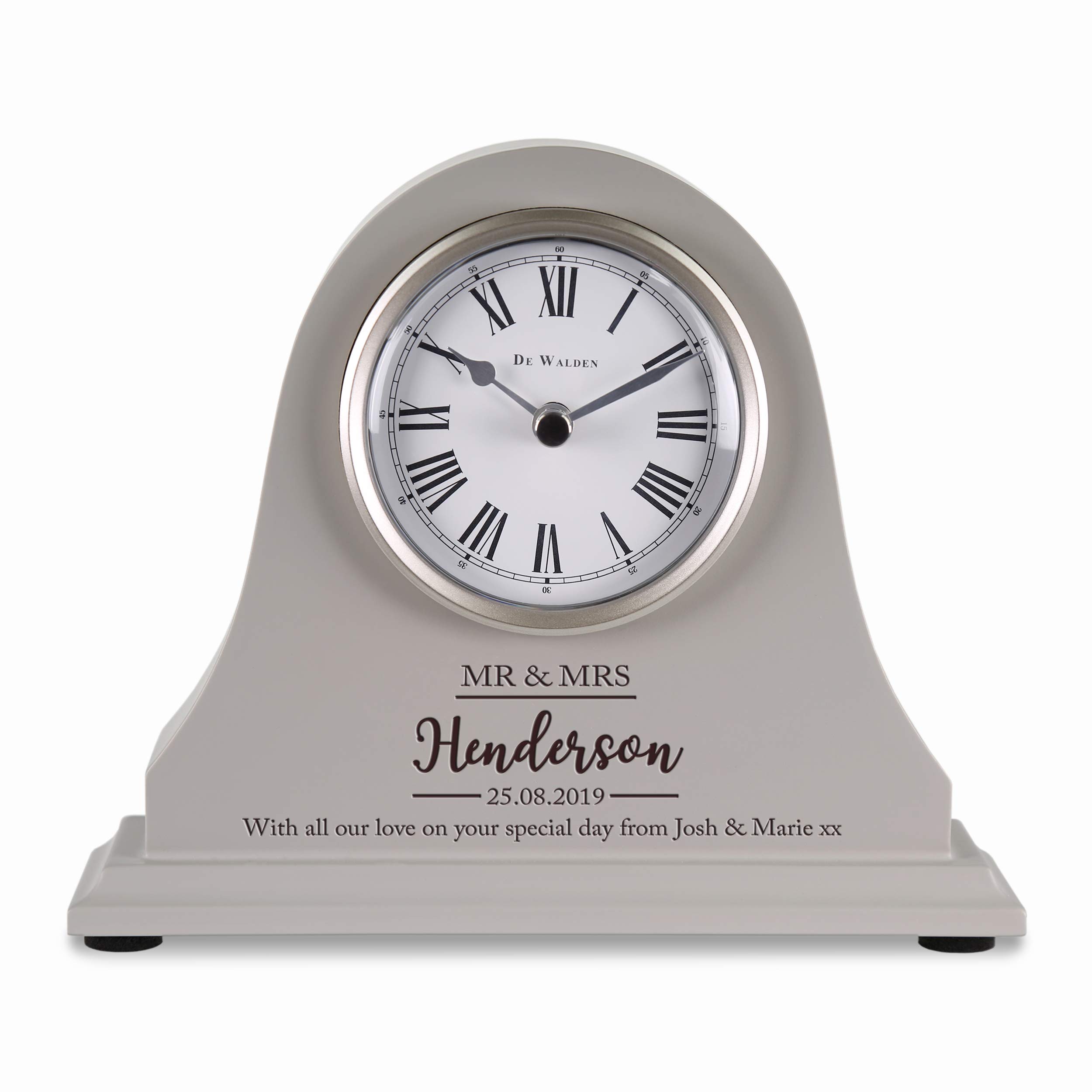 De Walden Grey Clock In Cardboard Box Wedding Day Gift Personalised Engraved Grey Mantel Clock Bride & Groom Marriage Couple Gifts