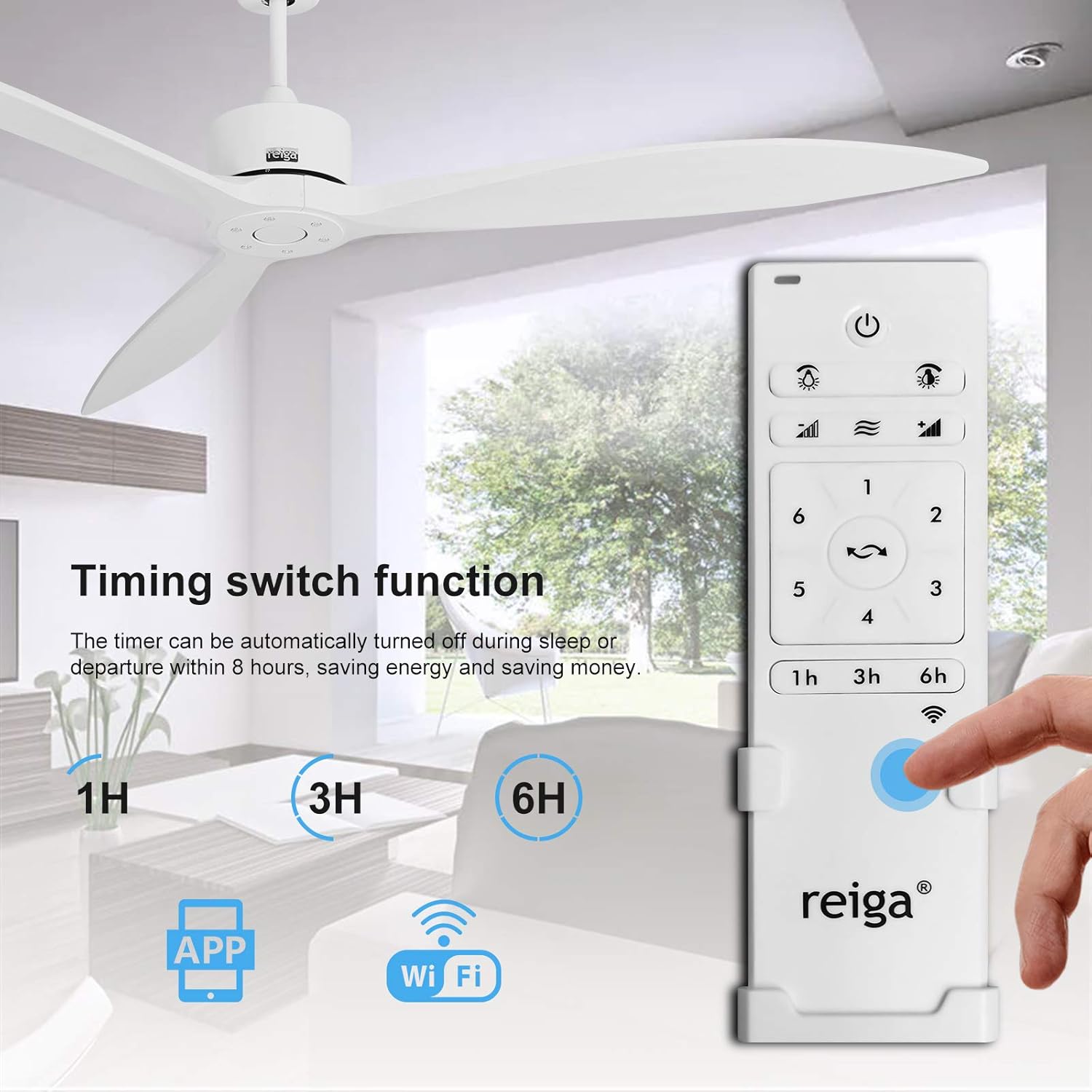 Hand holding the reiga ceiling fan remote control with timer and speed settings