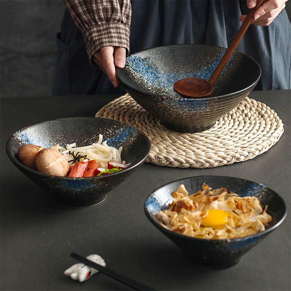 Genérico Juego de 2 tazones para Fideos, Cuencos japoneses de cerámica para Servir con Cuchara y Palillos a Juego, tazones para Ramen de 7, 8 y 9 Pulgadas para Sopa, Fideos, pho, Udon y Cereales.