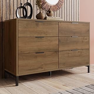 KOMHTOM Commode 6 Tiroirs Meubles de Rangement Buffet Commode Chambre avec Poignée Noire, Style Industriel (Chêne foncé-B)