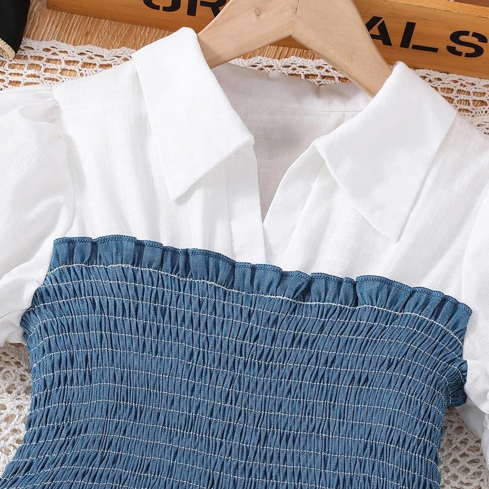 Girls Latern Long Sleeve T Shirts Causal Peter Pan Collar Tunic Blouse and Faux Denim Wide Leg Pants Fall Outfits Set