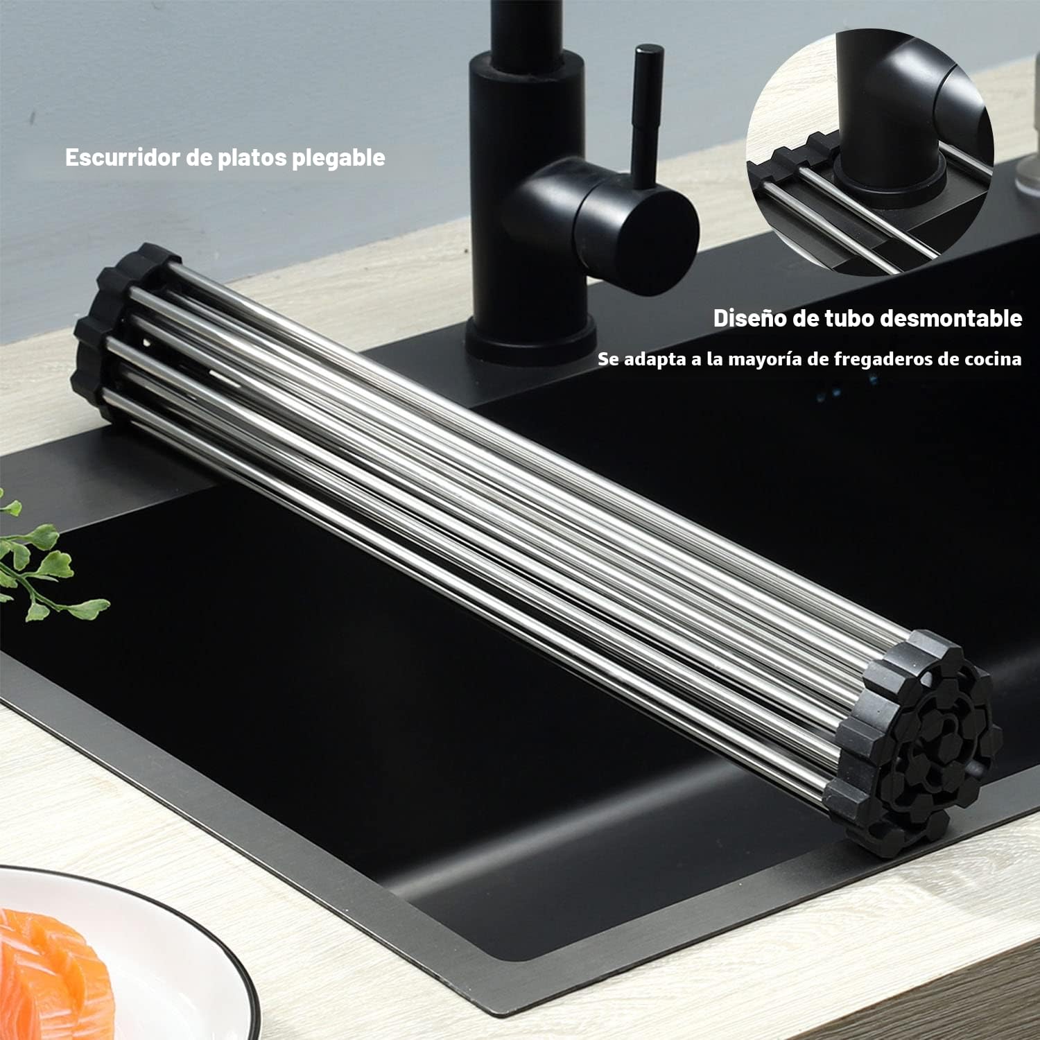 ViWaVee Escurreplatos Plegable y extraíble, escurridor de Platos sobre el Fregadero, Alfombrilla de Goteo, Rejilla de Goteo para Tazas, Frutas, Verduras, Organizador de Cocina (Negro 43 x 35)