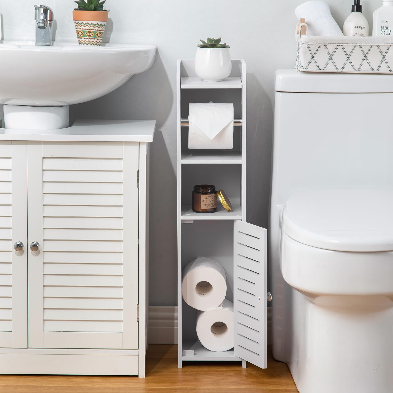 AOJEZOR Toilet Paper Holder Stand: Bathroom Storage Cabinet Beside Toilet for Small Space Bathroom with Toilet Roll Holder - White - Image 4