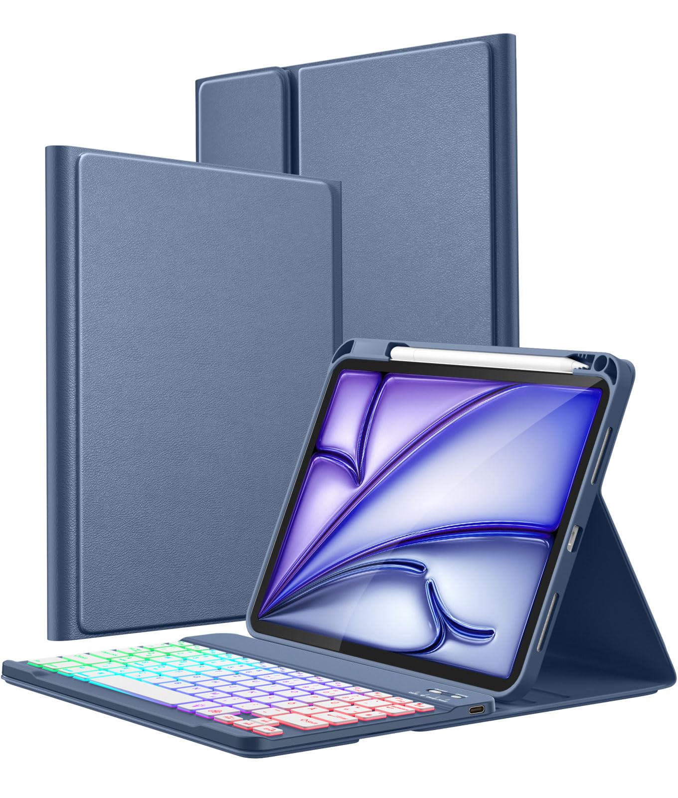 Vobafe Hülle mit Tastatur für iPad A16 11 Generation 2025/10 Gen 2022 10,9", Air 11 Zoll M4 2026/M3/M2, Air 5/4 Gen, Pro 11 4/3/2/1, Bunte Beleuchtung,Abnehmbare,QWERTZ,mit Stifthalter