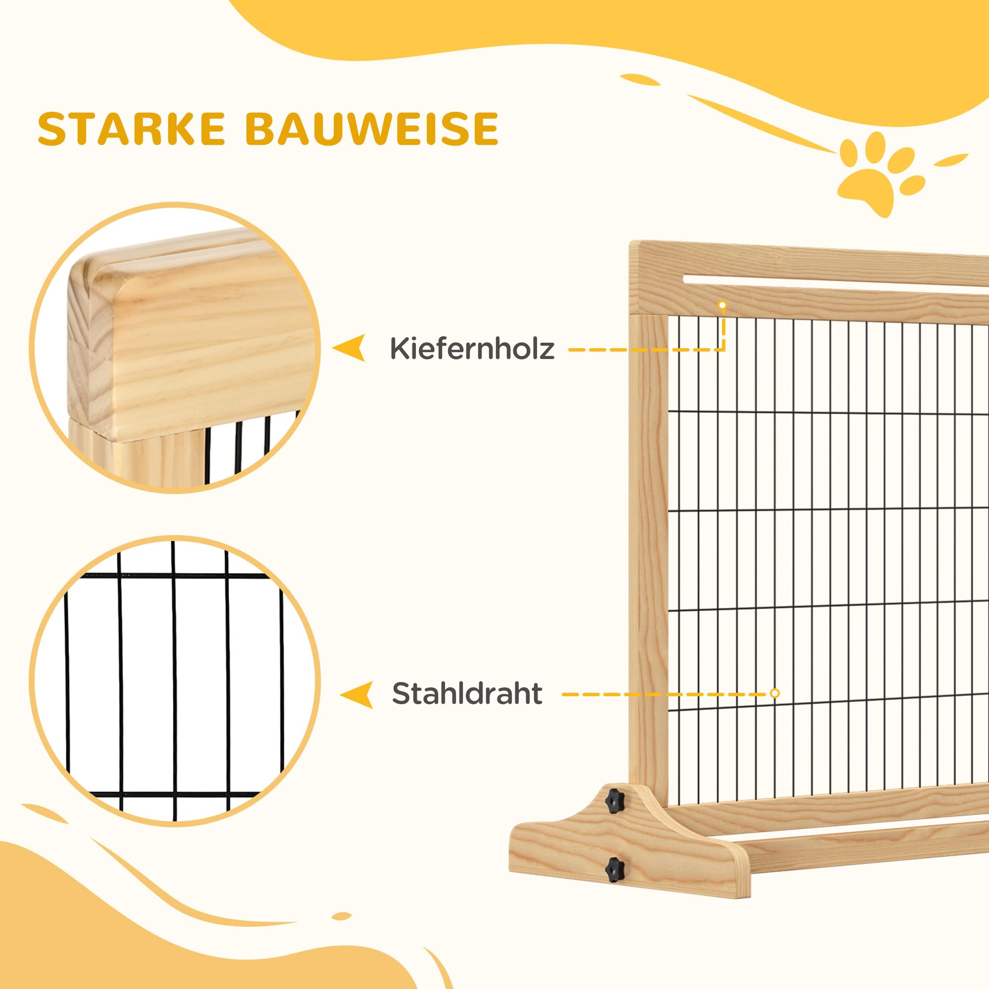 PawHut Hunde Absperrgitter aus Holz Ausziehbar104-180x36x69 cm Naturholz | Türschutzgitter mit Fußstütze, Freistehendes Hundegitter, Treppenschutzgitter, für Kamin, Ofen