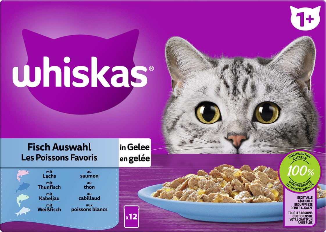 WHISKAS 1+ Lot de 4 sachets de Nourriture Humide pour Adultes, sélection de Poissons en gelée, 4 Paquets de 12 x 85 g chacun