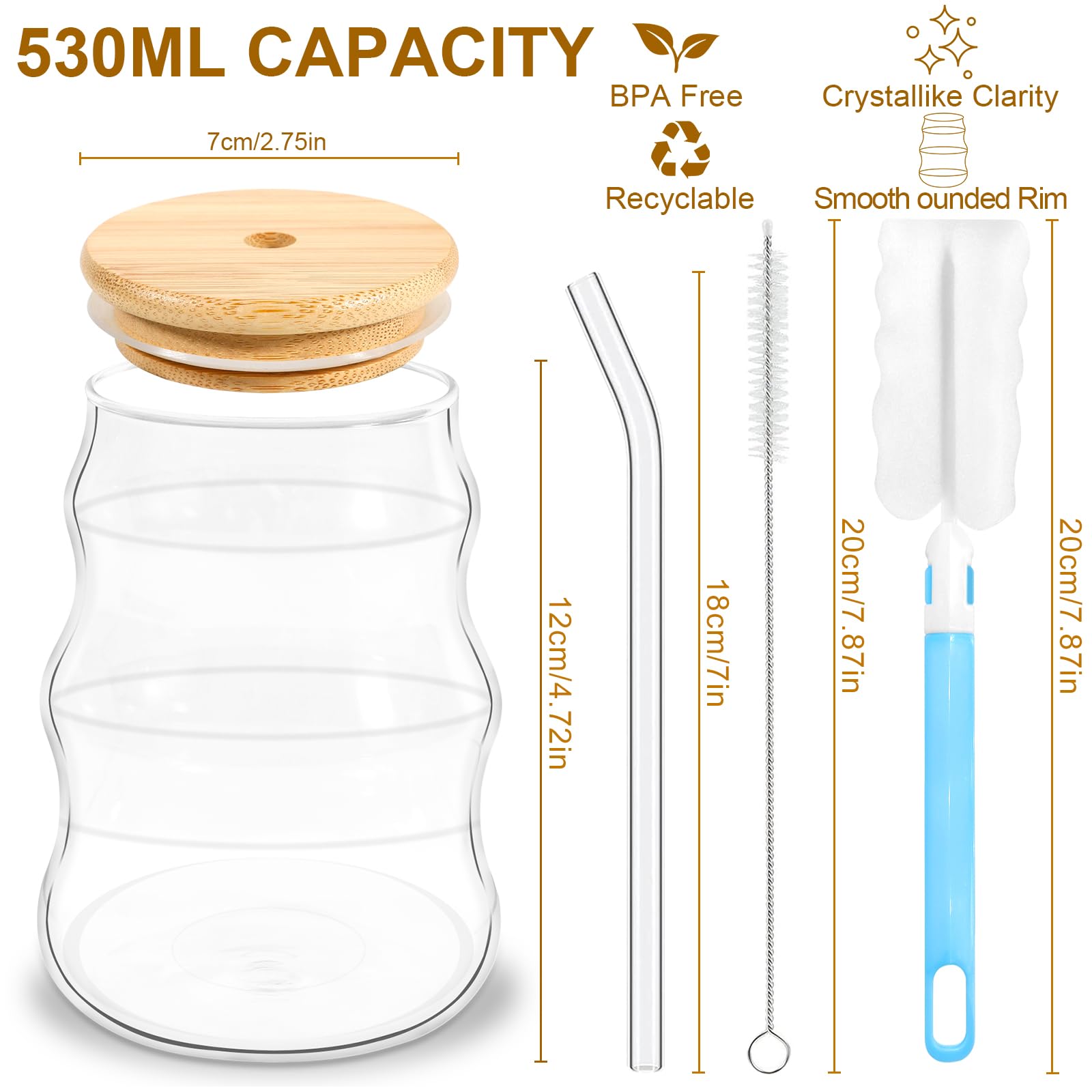 Juego de 4 Tazas de Café de Cristal, 530ML Vasos de Latte Macchiato, Vasos de Cóctel, Tazas de Vidrio Borosilicato, con Tapa con Pajita de Vidrio y Cepillo, para Café, Leche, Latte, Macchiato