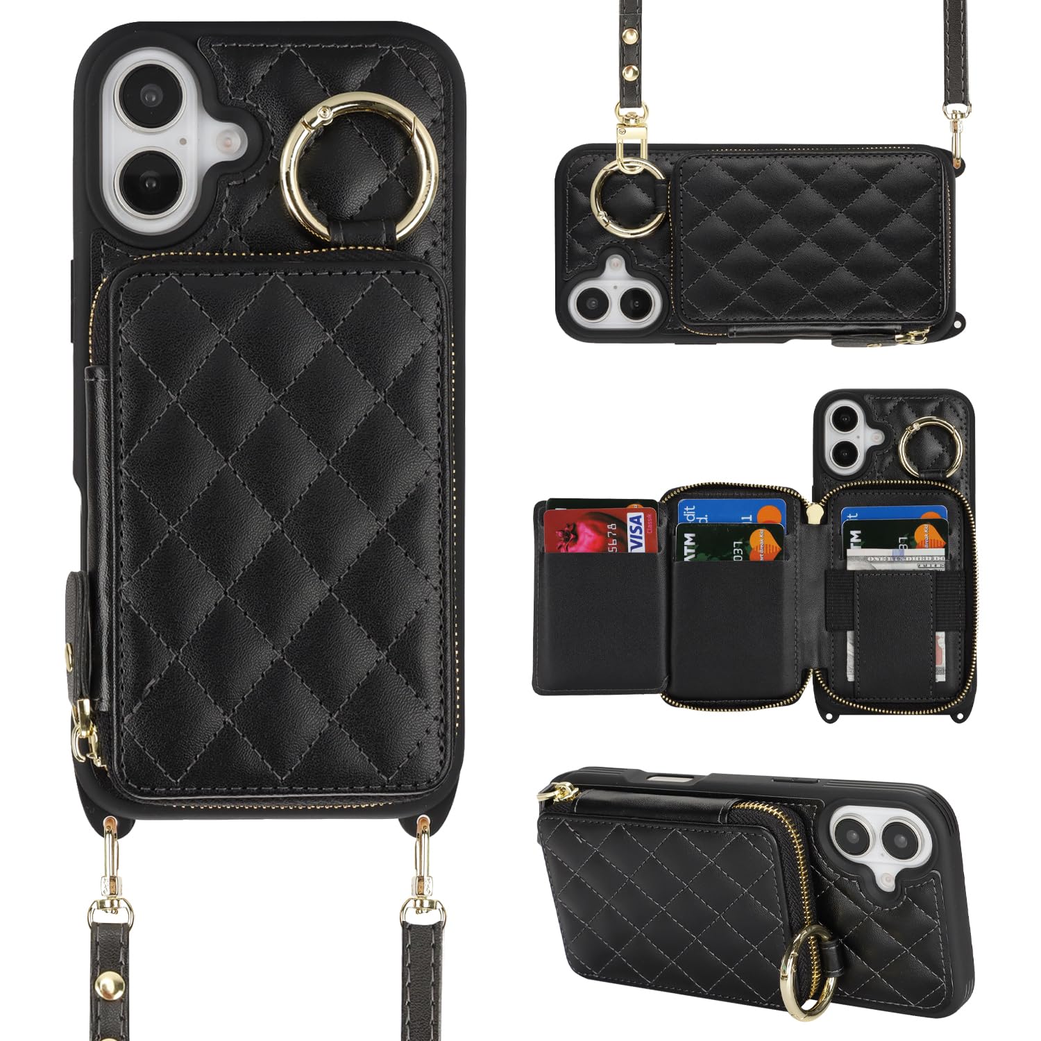 Crossbody Wallet Case for iPhone 16 Plus-Black