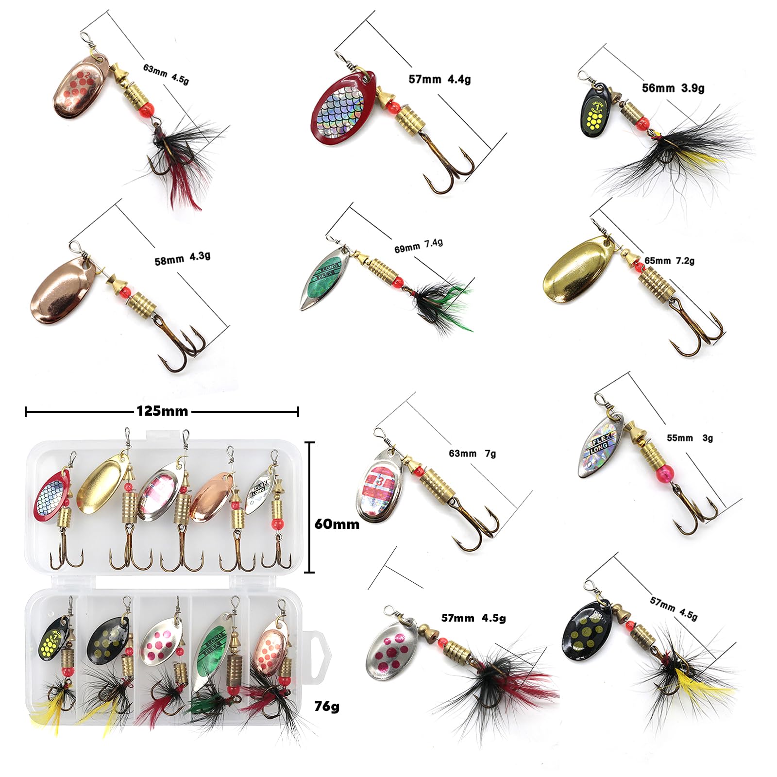 10 Piezas Señuelos Pesca Artificial Señuelos Spinning Cebo Señuelos de Pesca Cucharillas de Pesca Kit de Metal con Ganchos y Caja para Trucha Perca Lucio Salmón Bass