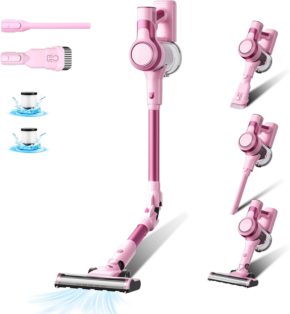 Stanew Aspirateur Balai sans Fil, Rose | 33Kpa Puissant, 320W Moteur sans Balai, Pliable à 180°, 40Min Autonomie, Filtration HEPA