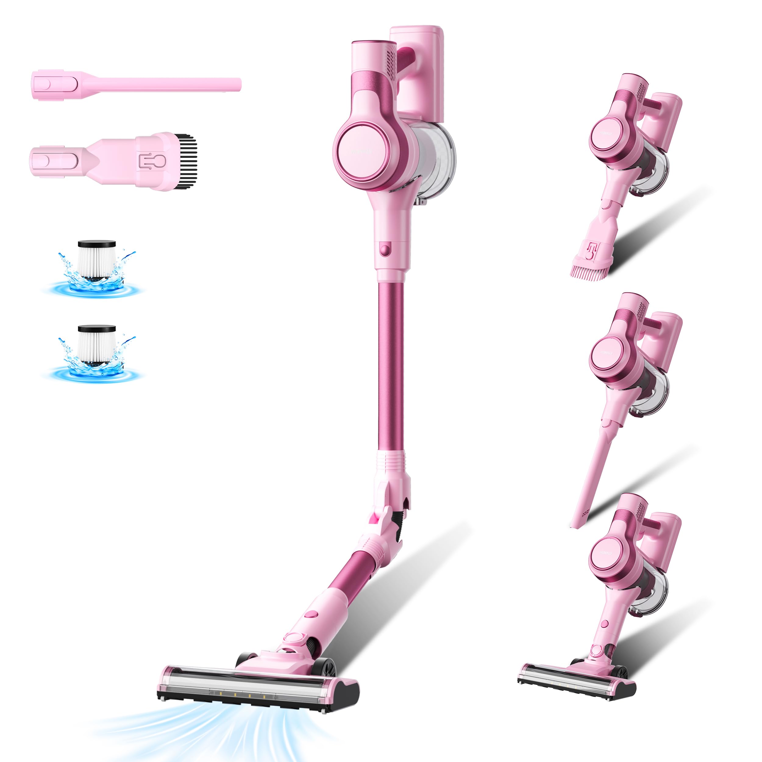 Stanew Aspirapolvere Senza Fili Potente 320W/40 Min/33000Pa, Rosa Scopa Elettrica Senza Fili, Pieghevole a 180°, Filtrazione HEPA, LED, per Peli di Animali, Tappeti, Auto, Pavimenti Dure, Divani