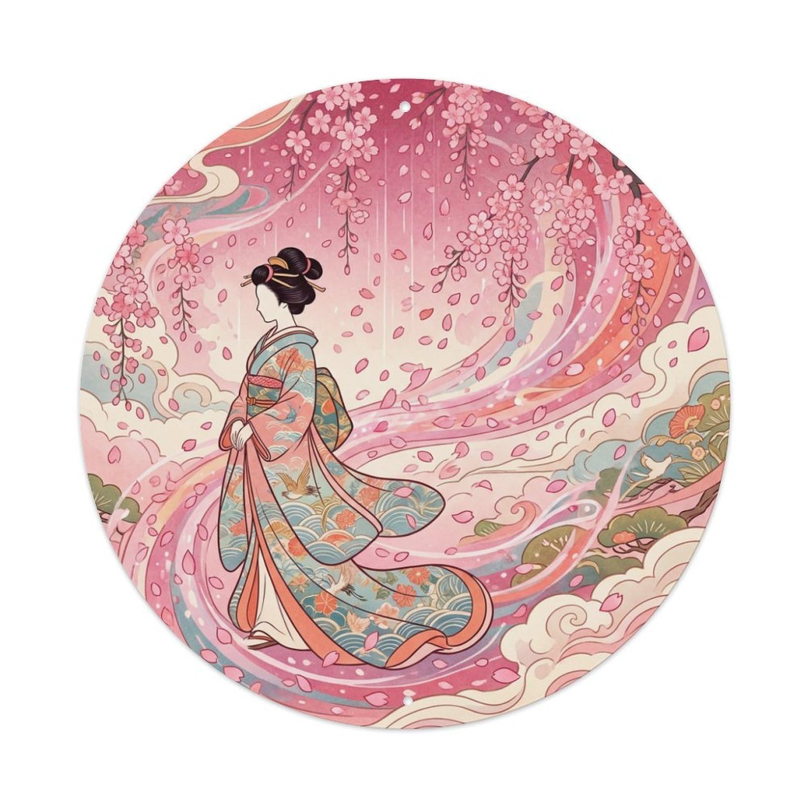 Fqnyr Style Metal Tin Sign Japanese Geisha Cherry Rain Dream Petals Falling