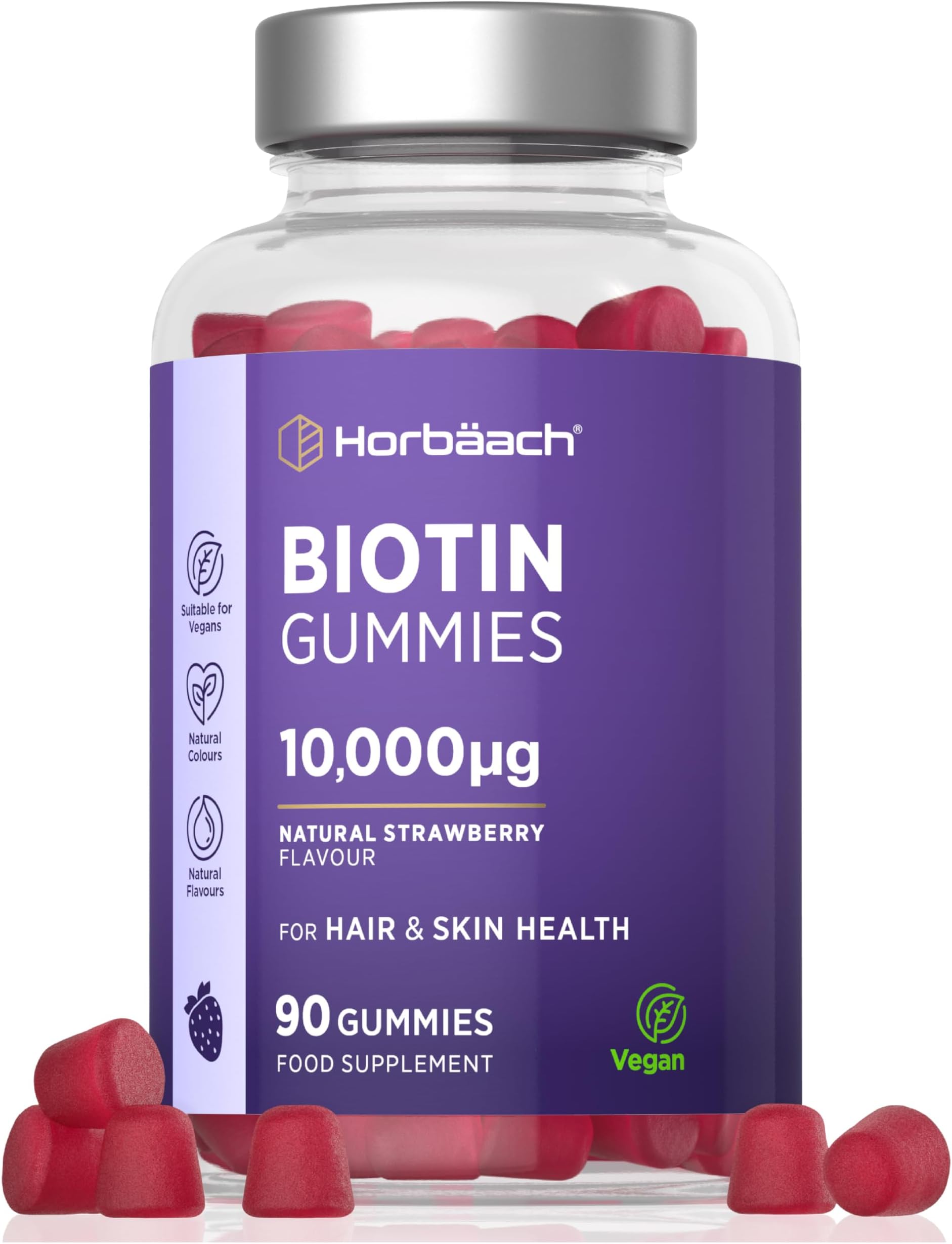 Biotin Hair Growth Gummies 10,000mcg | 90 Count | High Strength Biotin (Vitamin B7) for Hair and Skin Health | Natural Strawberry Flavour | Vegan Supplement | By Horbaach