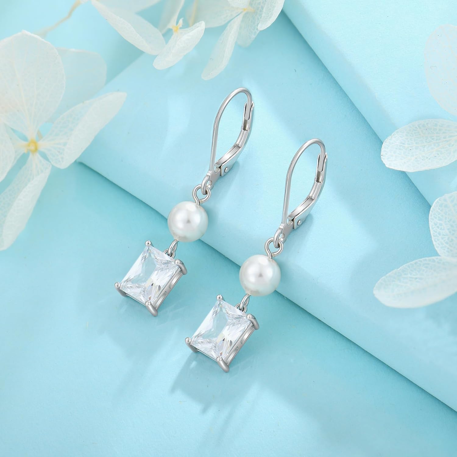 FJ Pearl Drop Earrings 925 Sterling Silver Emerald Cut Dangle Leverback Earrings Birthstone Jewelry Gifts for Women - Image 5