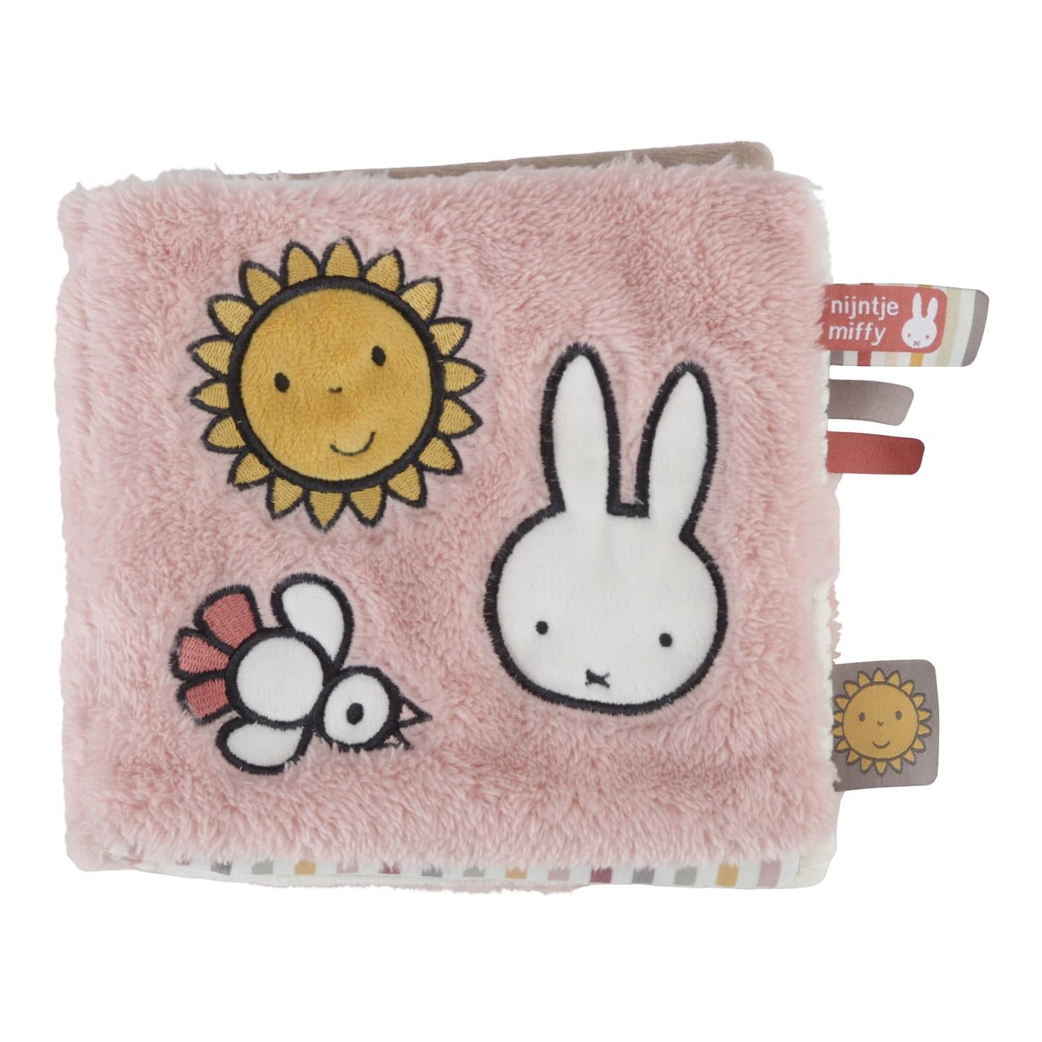 DADWAY Pioupiou et Merveilles - Miffy Fabric Activity Book - Size 16 x 16 - Fluffy Pink - Stimulates the Senses - Develops Coordination - Multiple Surfaces - Very Soft, NIJN925