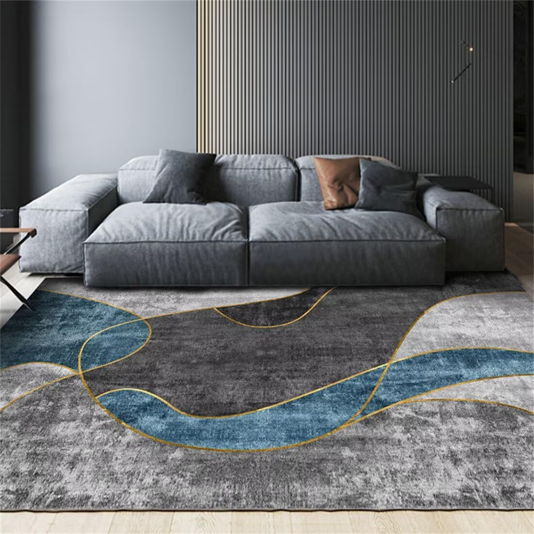 Tapis garçon chambre enfant 60x90cm aux rayures abstraites bleu gris résistant