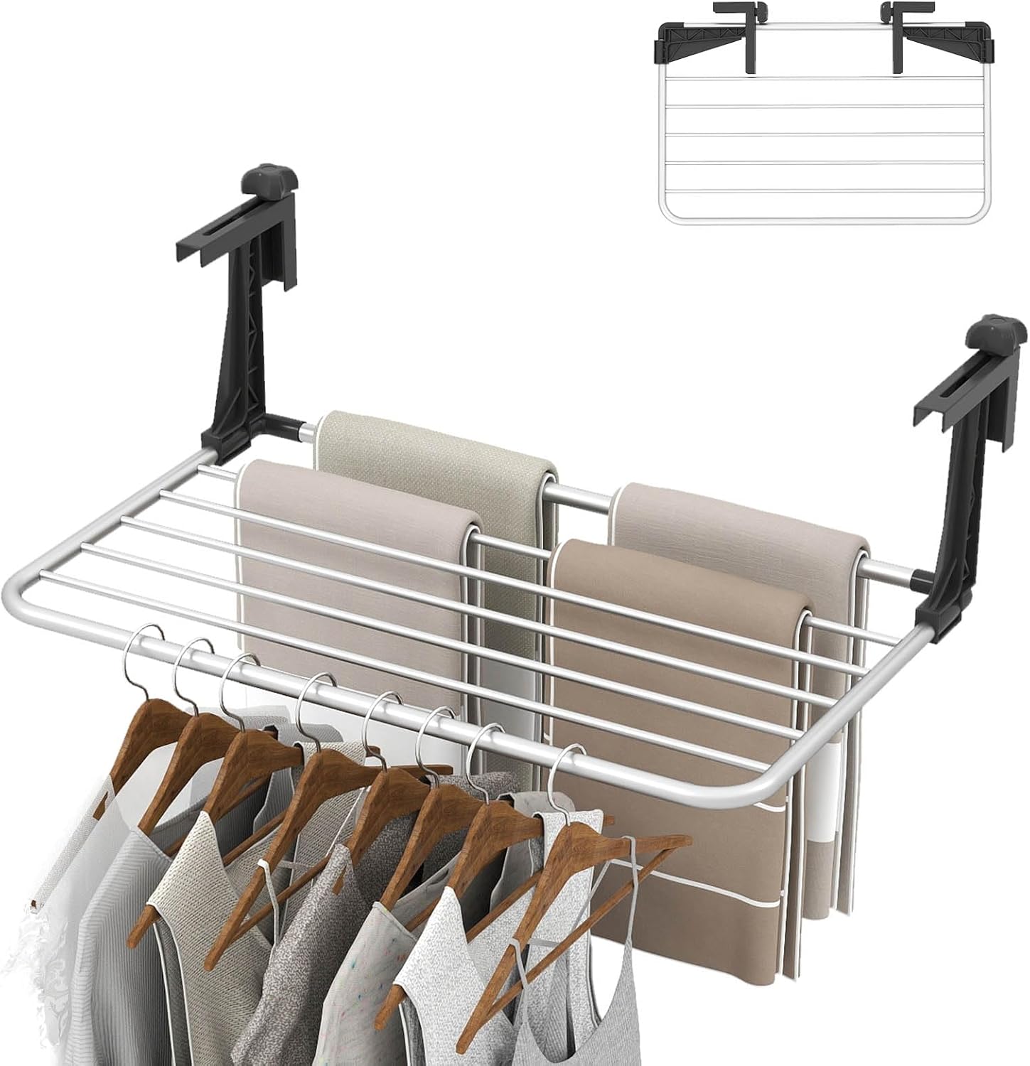 GOFLAME Folding Clothes Drying Rack, Portable Laundry Rack with Aluminum Frame, Adjustable Brackets, Indoor Outdoor Clothes Towel Hanger for Balcony, Railings, Windowsill, Radiator, 25.5 Inch