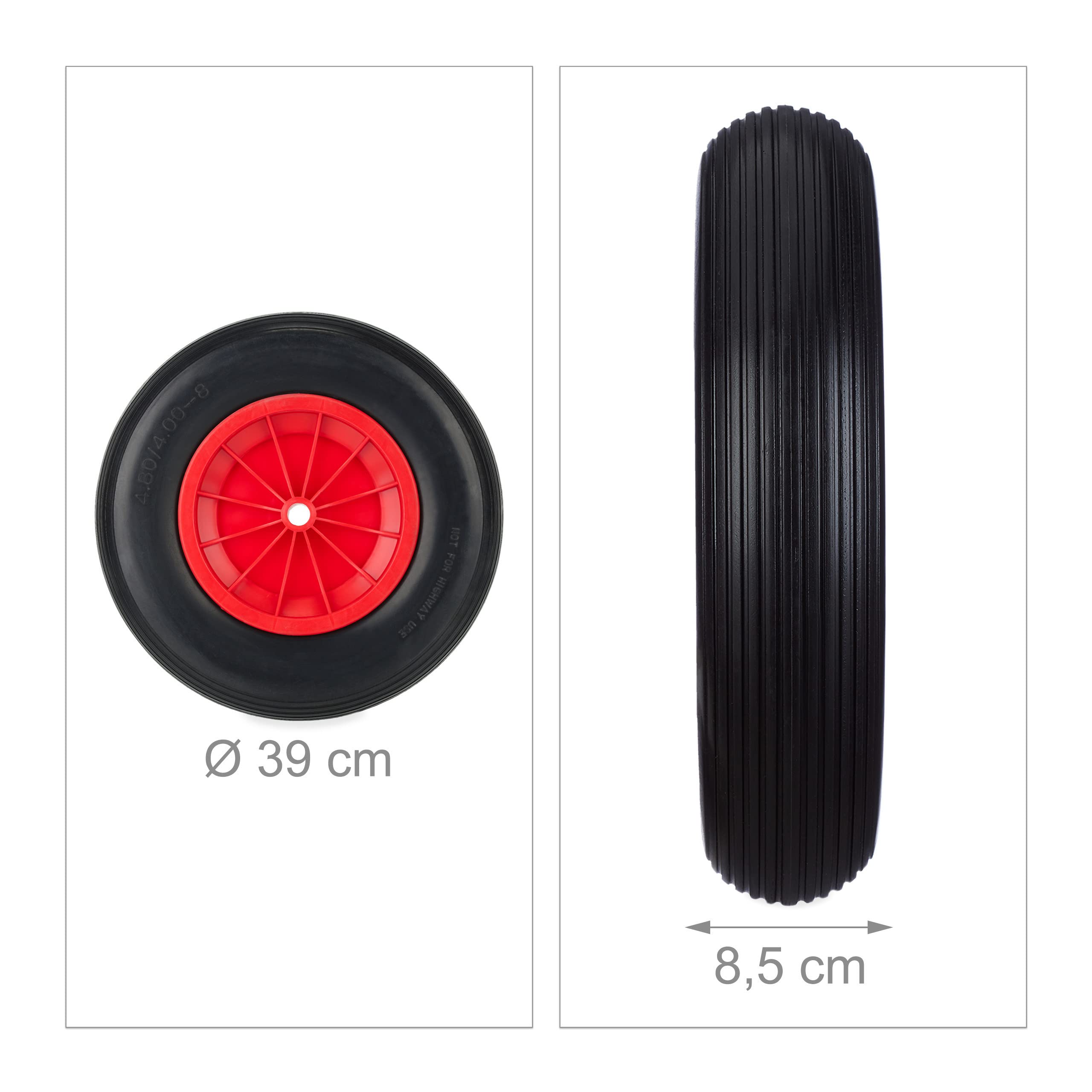 Relaxdays Ruota Carriola 4.80/4.00-8, Gomma Piena Antipanne con Cerchione in Plastica, Ruotino Fino a 100 kg, Nero Rosso