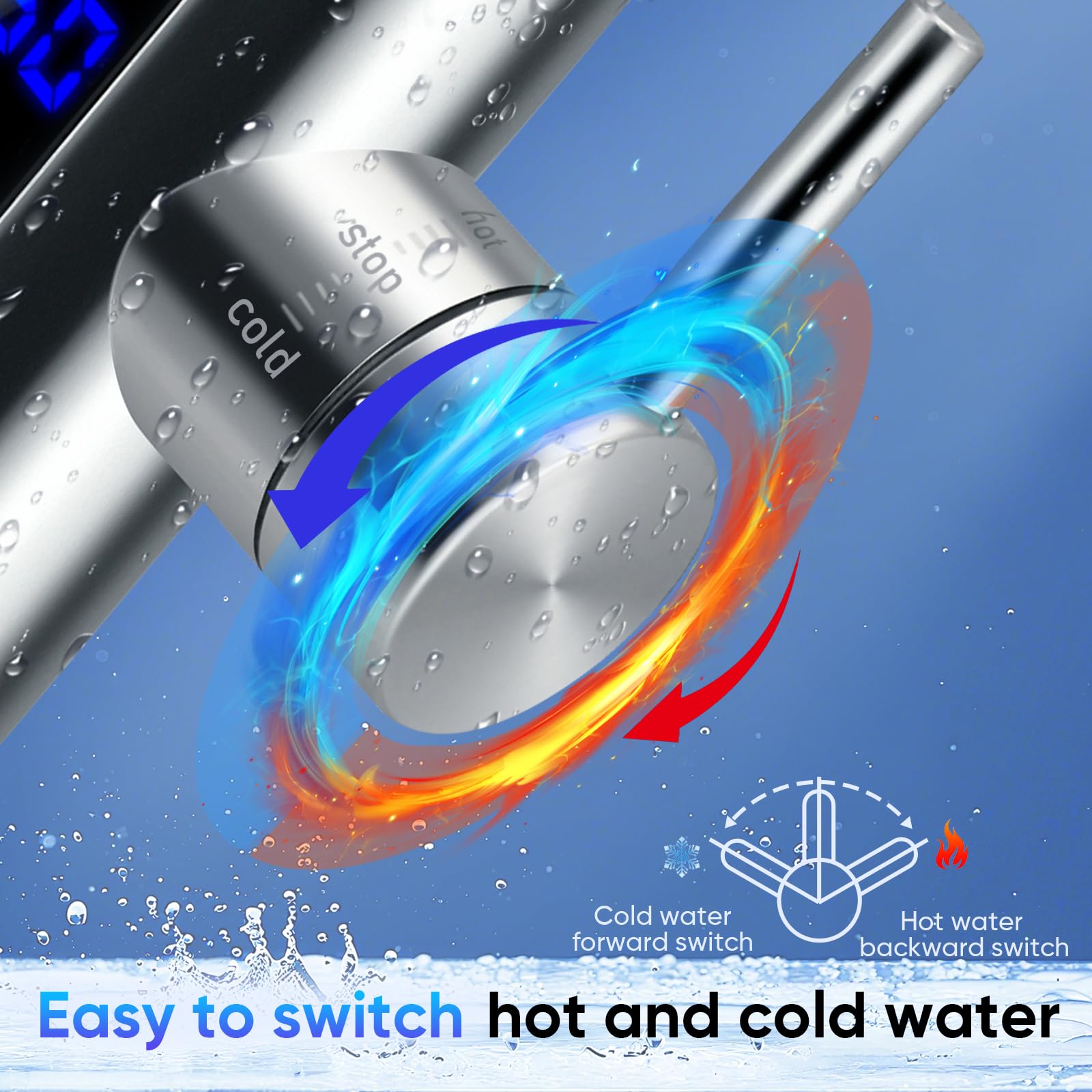 Wasserhahn mit Durchlauferhitzer, 360° Wasserhahn, 3000 W Durchlauferhitzer, Edelstahl-Wasserhahn mit LCD-Temperaturanzeige für Küche, Garten und Wohnwagen (A)