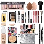 All in One Makeup Kit for Women Full Kit, Make Up Gift Set for Women Teens Girls, Includes Eyeshadow Foundation CC Lipstick Mascara Brush Sponge Brow Powder Soap Eyeliner Primer Contour Cosmetic Bag