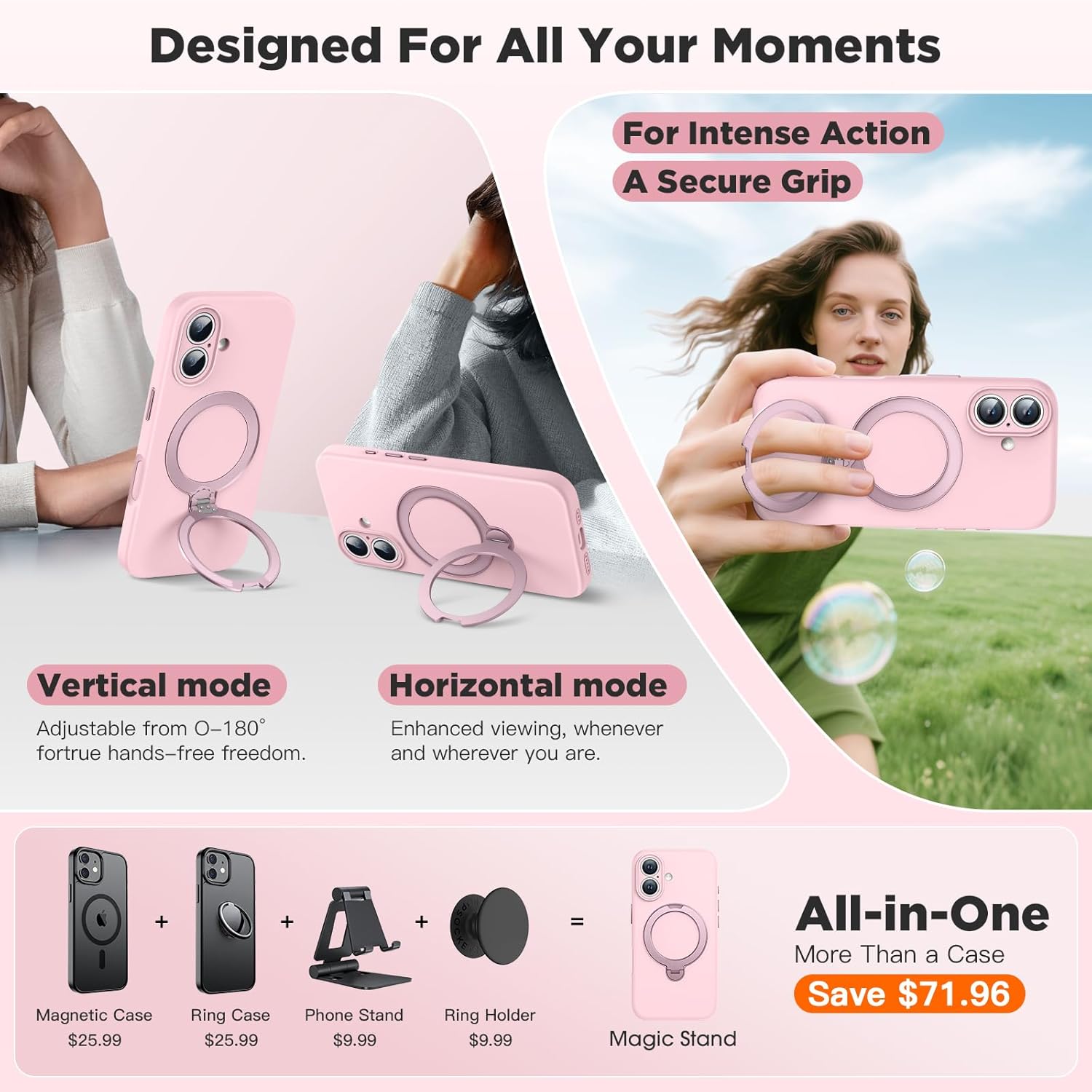 HuwaiH Case for iPhone 16, [360° Rotating Magnetic Ring Stand] with Strong Holder, Military-Grade Shockproof Silicone Phone Case, Full Protection Hands-Free Video Calls Car Mount, Pink