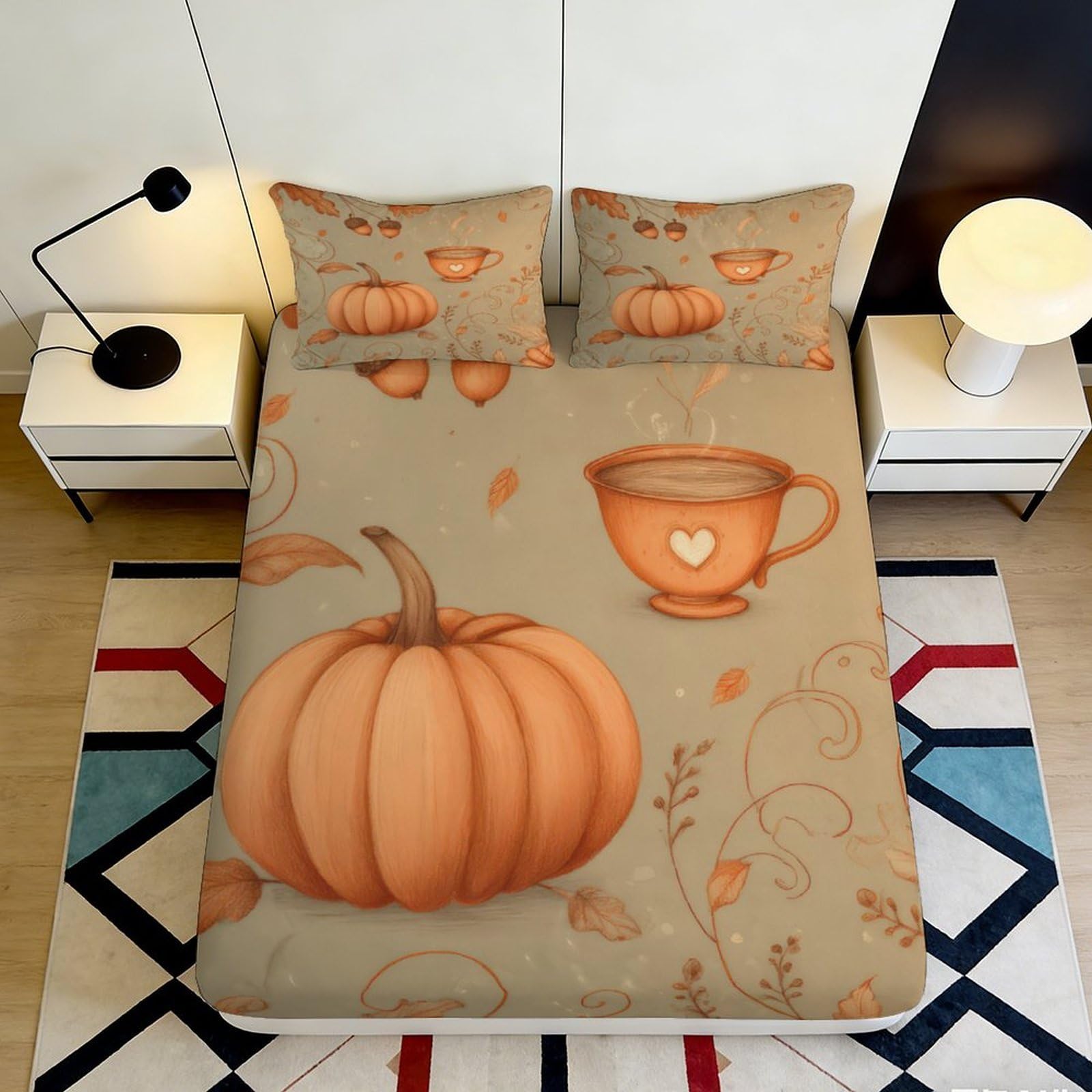 Decor Pumpkin Fitted Sheet Beige Microfiber soft touch 3D Printed autumn mug, wrinkle resistant, apartment bedding 90x200x25cm