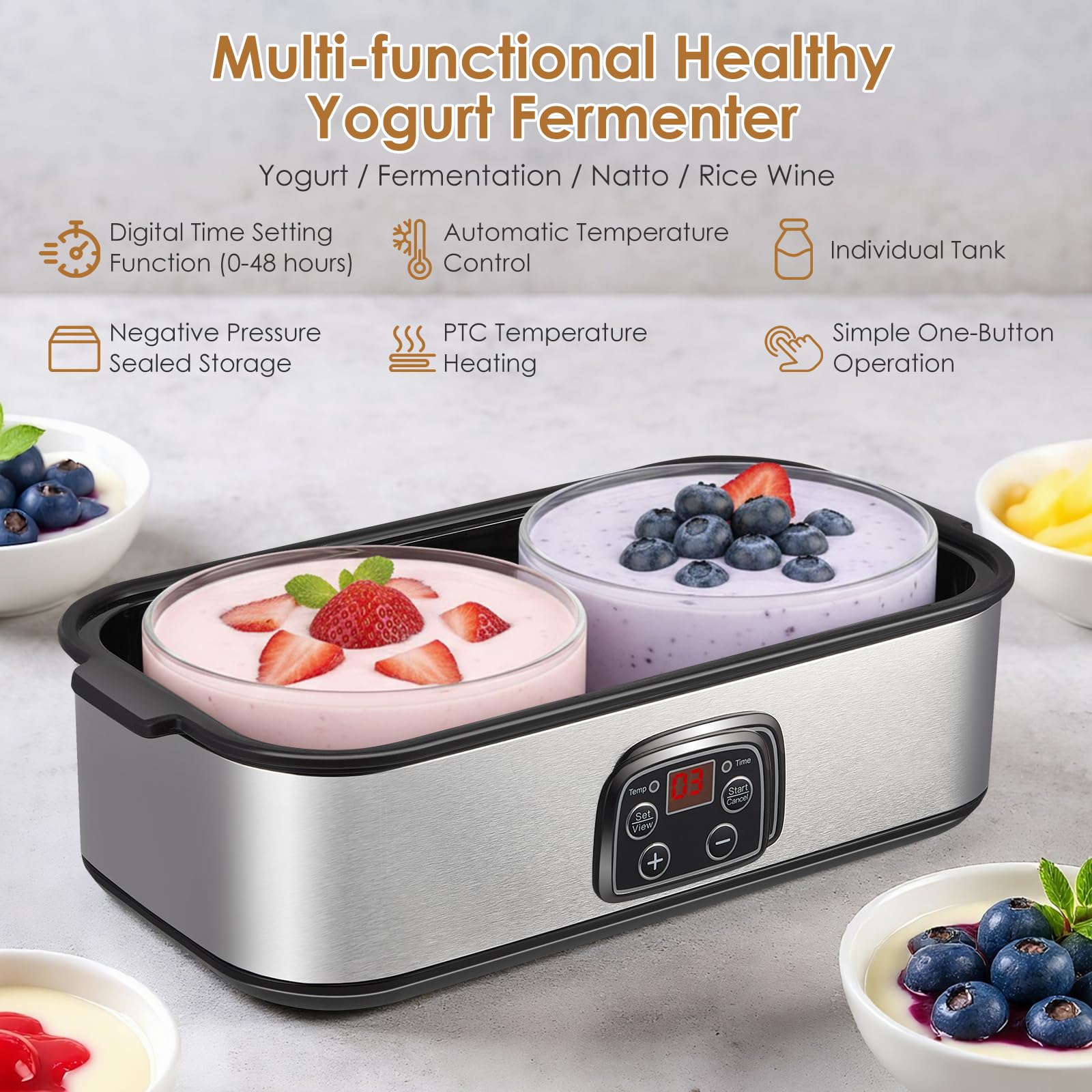 Yogurtera con pantalla LED y 2 recipientes de cristal de 1000 ml, con temperatura ajustable y temporizador, para yogurt, queso, natto, postres saludables