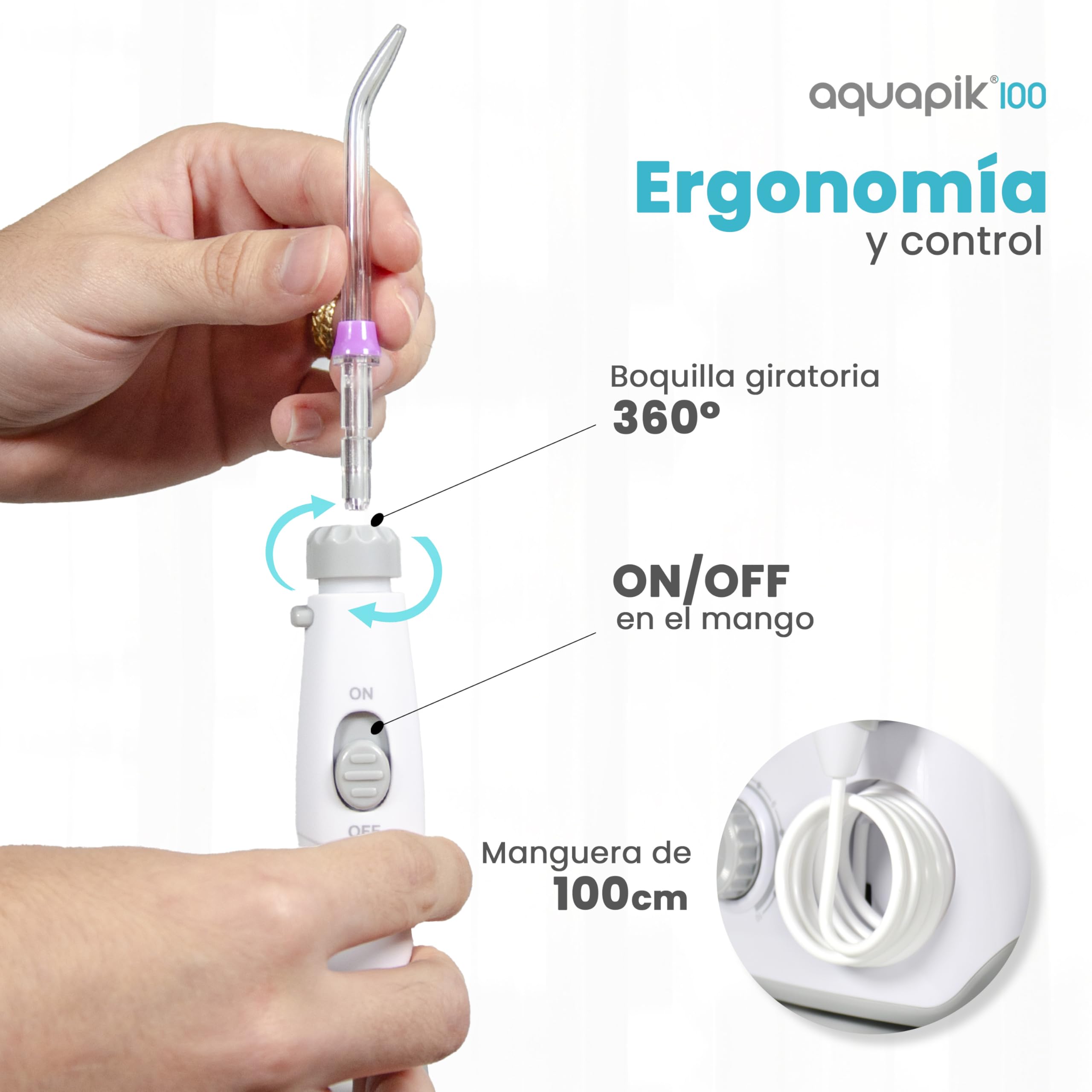 Irrigador dental Aquapik100® profesional waterflosser limpieza profunda 10 niveles de presión 8 boquillas depósito 600ml para encías sensibles ortodoncia puentes implantes elimina placa dental Blanco
