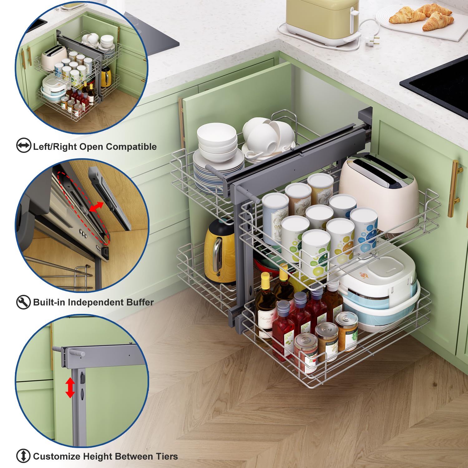 VADANIA Ausziehbarer Küchenschrank Organizer für Blinde Ecken, 800 mm, 2-stöckiger Korb Aufbewahrung, Softclose, Bodenmontage, Links- und Rechtsöffnung kompatibel