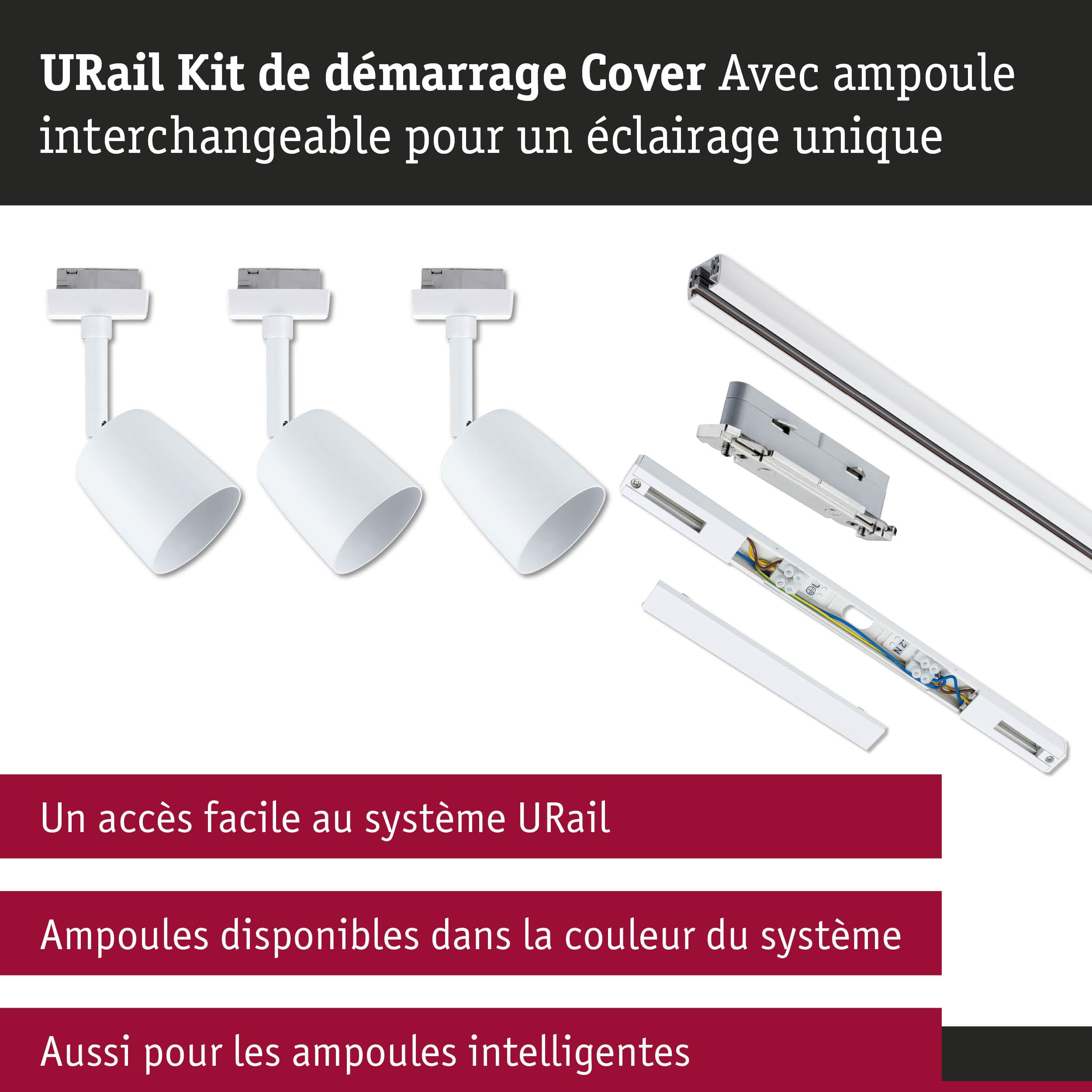 Paulmann 5246 URail Spot sur rail Cover kit de démarrage GU10 max. 10W dimmable 230V blanc signal