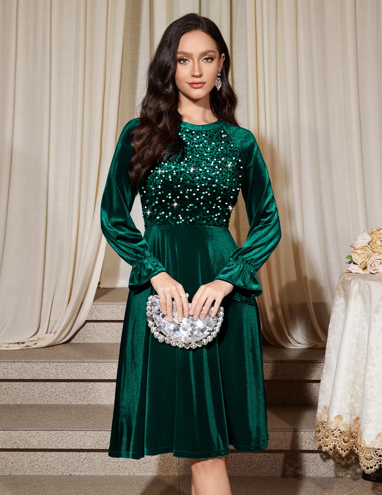 Bbonlinedress Robe de Soirée Cocktail à Manches Longues en Velours à Paillettes pour Femme Robe Midi Vintage pour Mariage invitée