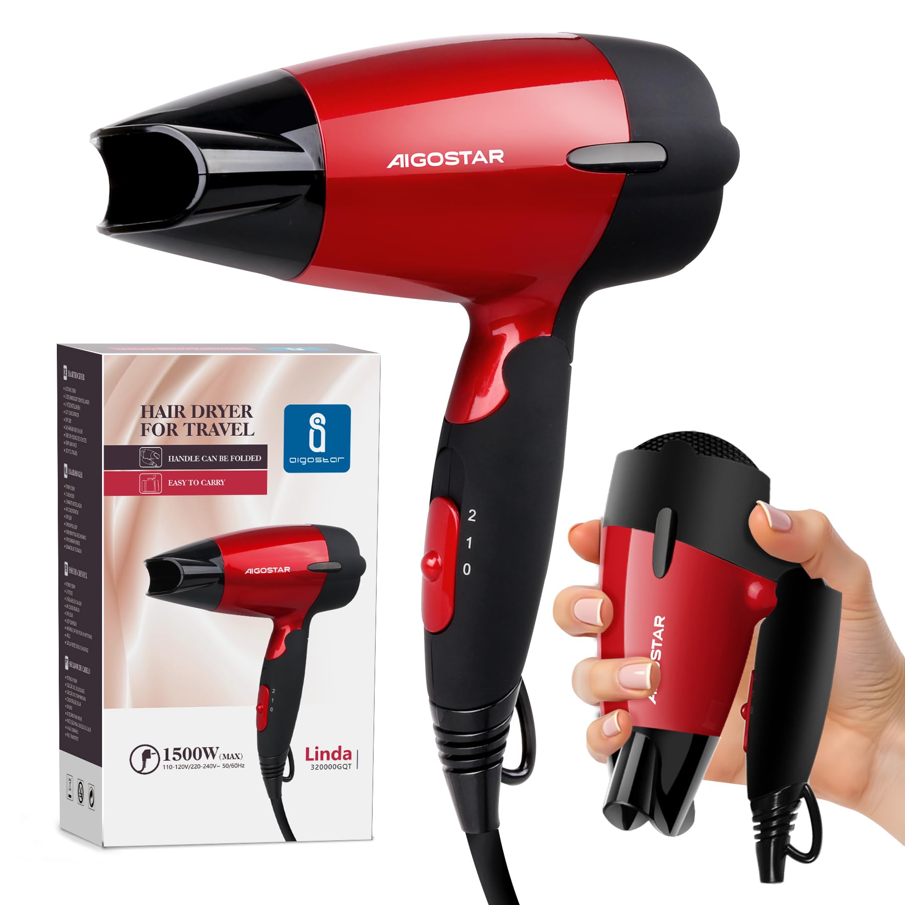 Aigostar Reisefön Klappbar, 1500W Fön Klein Rot, 400g Kompakt & Leicht Haarföhn mit Stylingdüsen, Doppelspannung, 2 Heiz, für Reise,Familien Handgepäck Hotel Fitnessstudio Feiertag