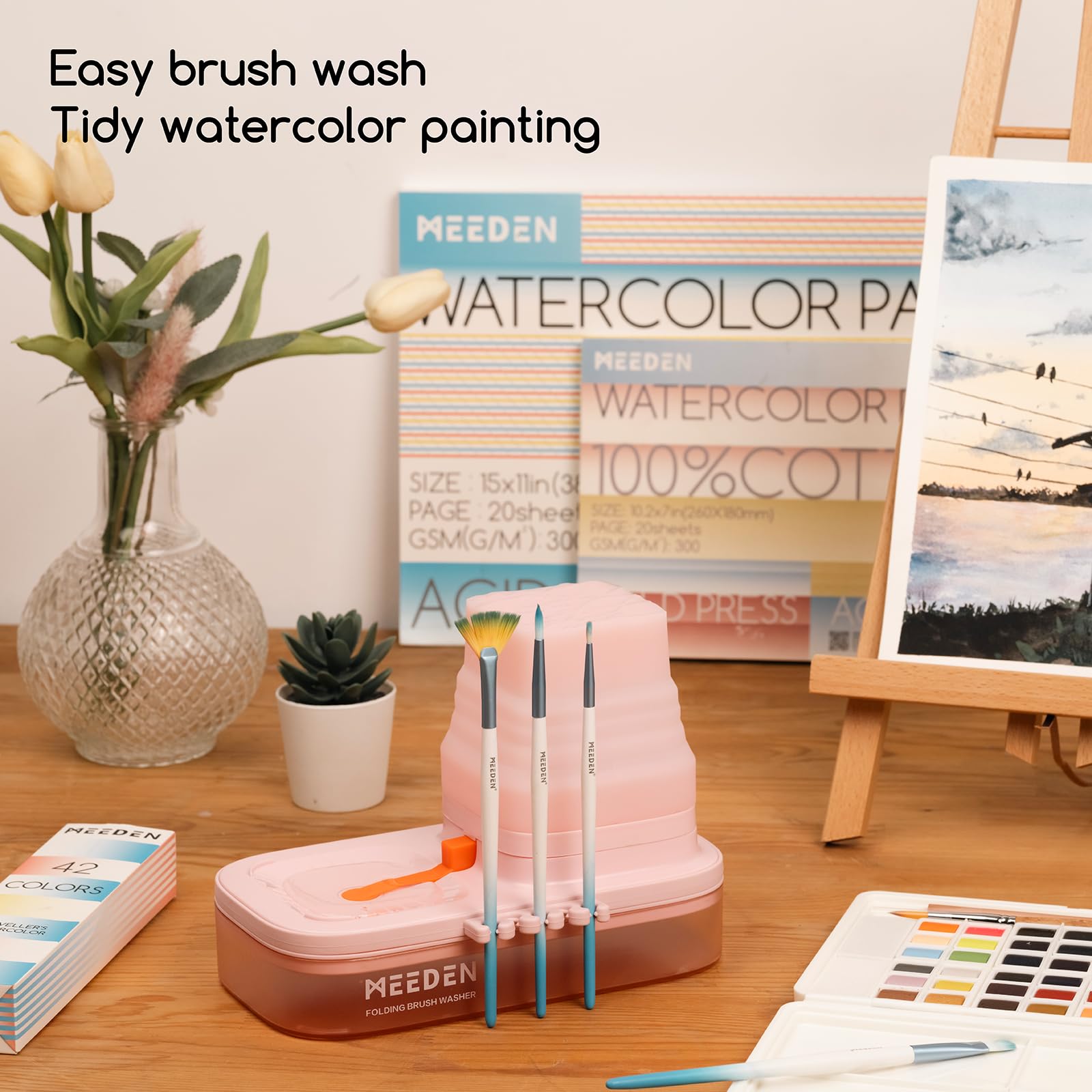 MEEDEN Nettoyeur de pinceaux portable : rinceur de pinceaux avec porte-pinceau en silicone à 5 emplacements – Rondelle de pinceau pour aquarelle acrylique et peintures à base d'eau, rose