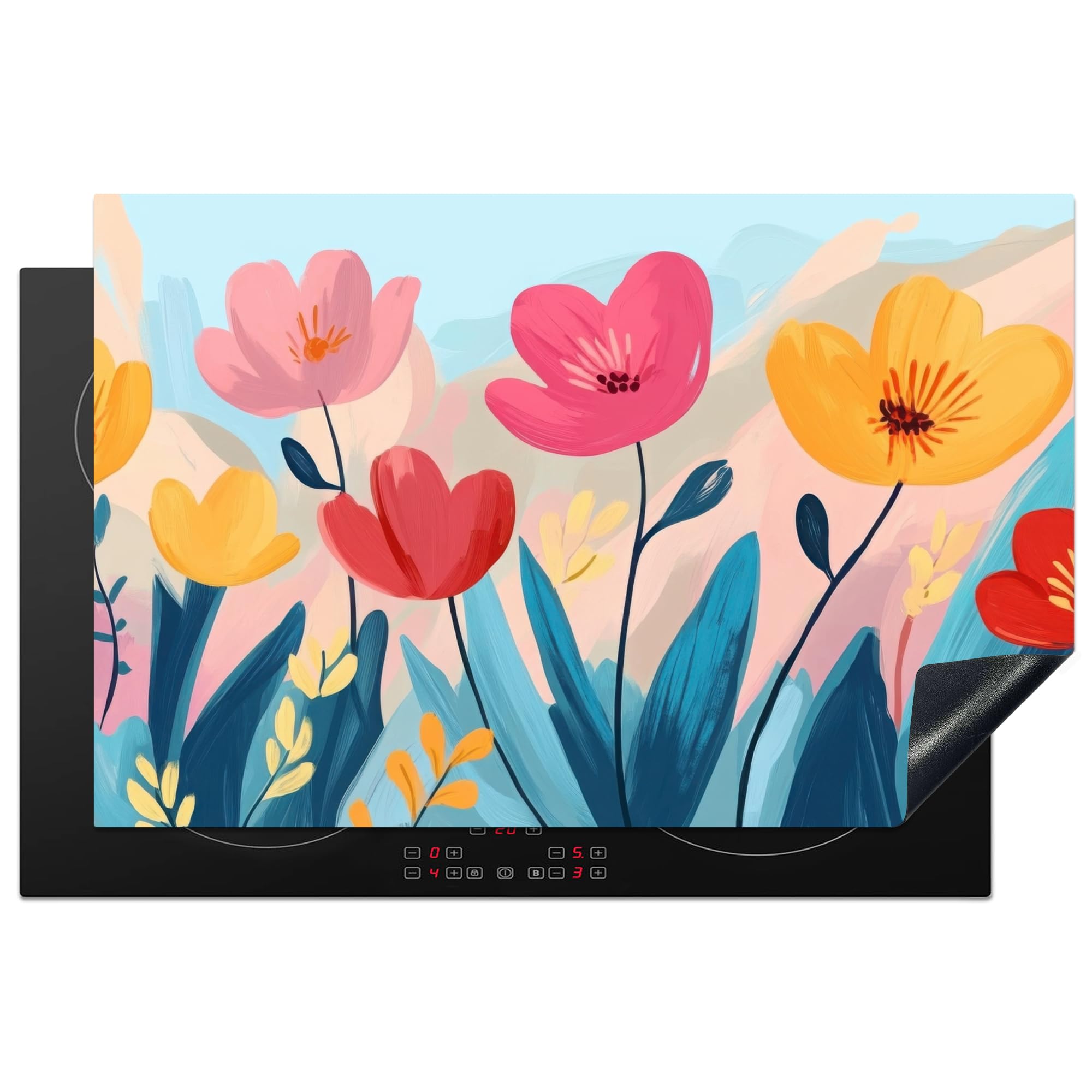 KitchenYeah© Induction Hob Protector Mat 20.8"x32.1" / 81.6x52.7 cm Stove Cap Top Cover Kitchen Cooker Covers for Electric Hobs Vinyl Illustration - Flowers - Colourful
