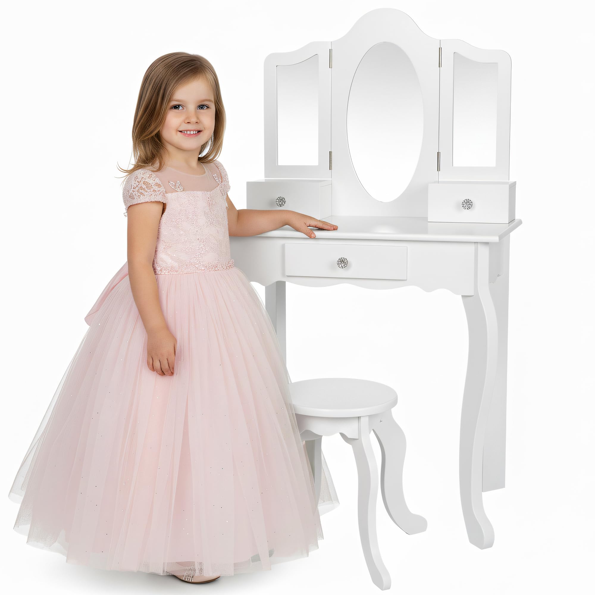 Green series Kinderplay Grande Coiffeuse en Bois pour Fille avec Miroir – Coiffeuse Blanche pour Enfants