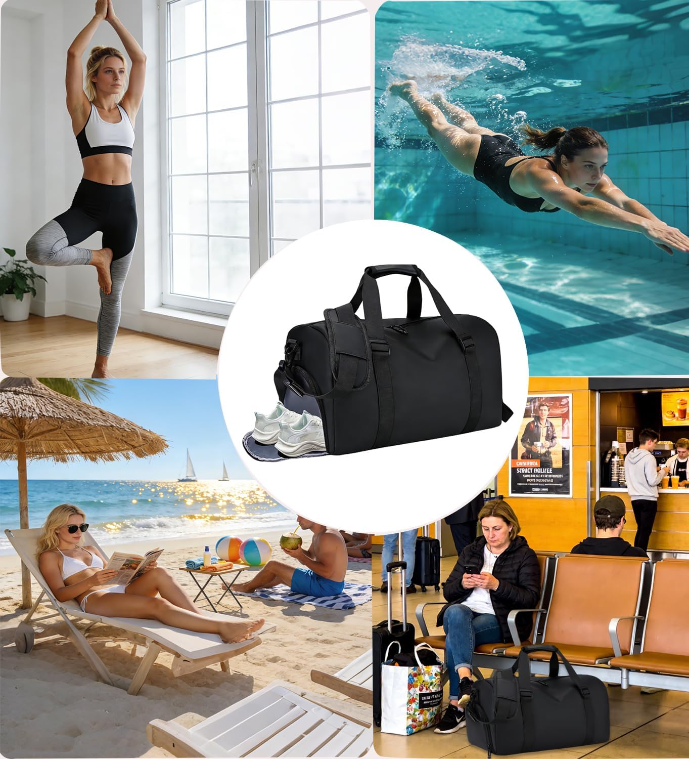 Gym Tote Duffle Bag with Shoe Compartment Personal Item Travel Bag Weekender Bag for Travel Sports Gym(Black)