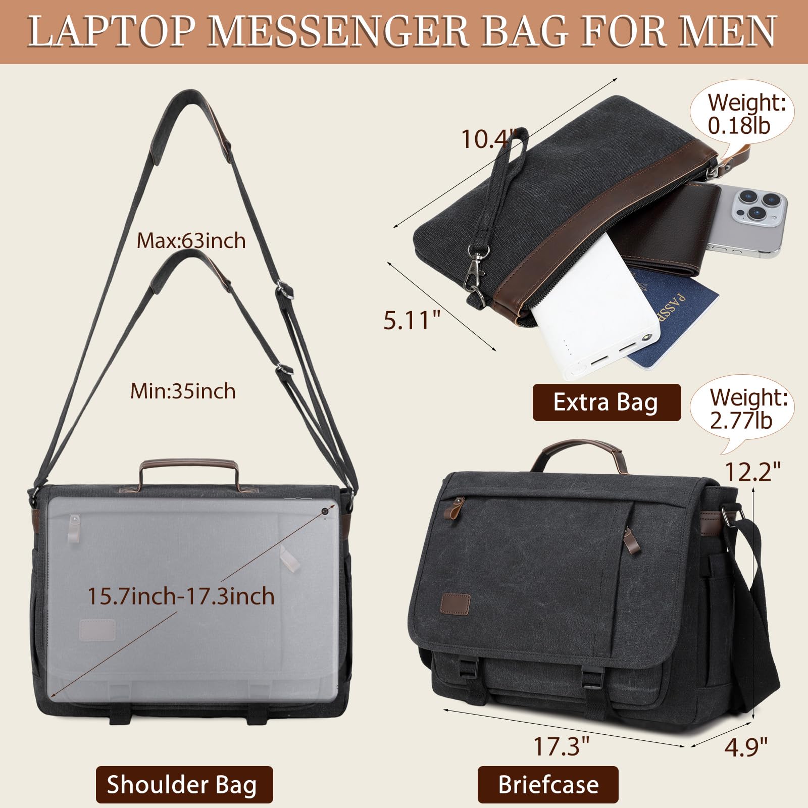 Kuriertasche für Herren, 39,5 - 43,9 cm (15,7 - 17,3 Zoll): 2 Stück Laptoptasche, Arbeitstasche, Leder, Leinen, Aktentasche, Handgepäcktasche