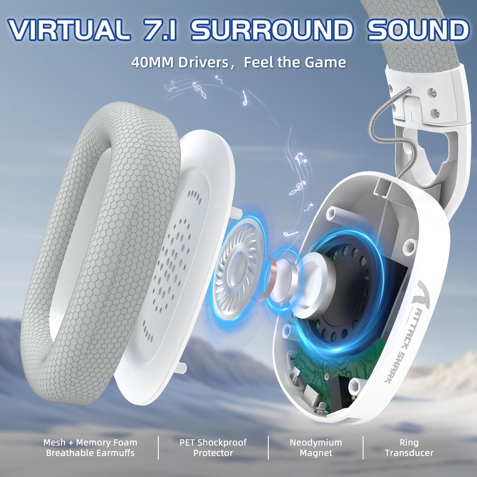 ATTACK SHARK L90 Auricolari Gaming Wireless Ultraleggeri, BT, 2.4G, 3.5mm Cablati, RGB Pieghevoli, 7.1 Surround Sound Over-Ear con Microfono Rimovibile per la Cancella Rumore, per PC, Mobile - Bianco