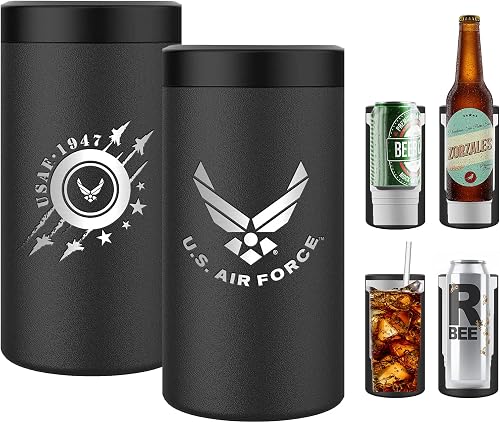 Air Force 4 in 1 Insulated Can Cooler, Stainless Steel Double-Walled Insulator for 12 oz Standard or Skinny Slim Cans, 12 Oz Beer Bottles & Mixed Drinks | USAF 4 in 1 Can Cooler