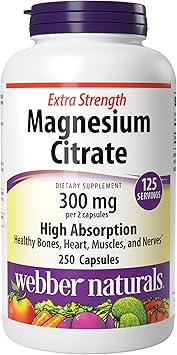 Webber Naturals Magnesium Citrate 300 mg, Extra Strength, 300 mg Per Serving, 250 Capsules, High Absorption, Helps Support Bones, Teeth and Proper Muscle & Heart Function, Magnesium Supplement