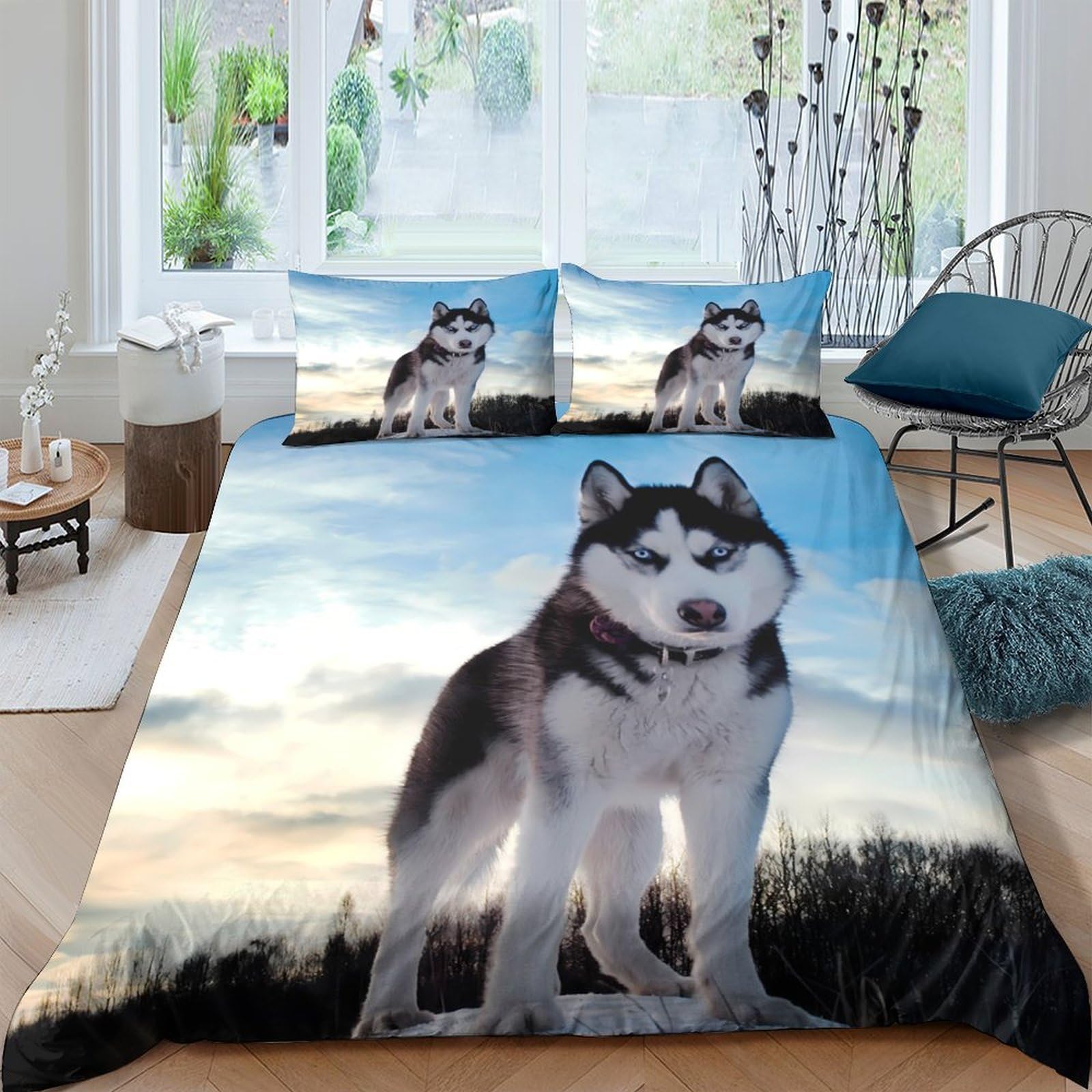 Ctjqhvkz Style-10 3D Printed Husky Landscape Fitted Sheet Microfiber Soft Breathable Dog Scenery Mattress Cover For Bedroom Guest Room Decor Single（135X200cm）