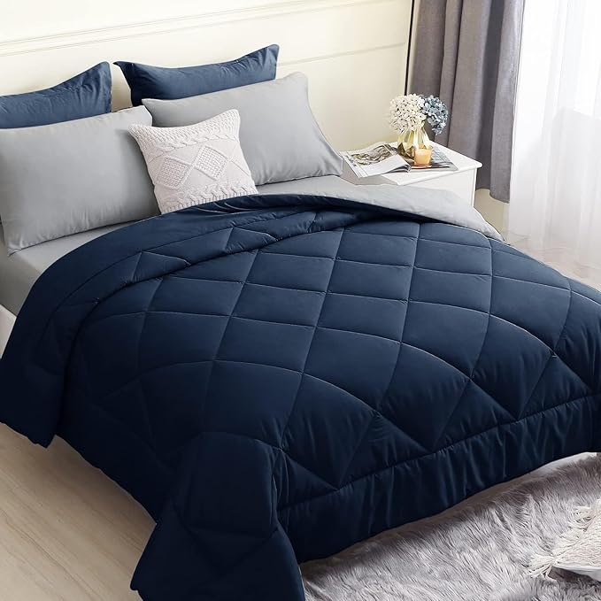 Queen Comforter Set 7 Pieces, All Season Comforters Queen Size, Hypoallergenic Bed in a Bag Queen with Reversible Comforter, Flat & Fitted Sheet, Pillowcases & Shams - Navy & Grey