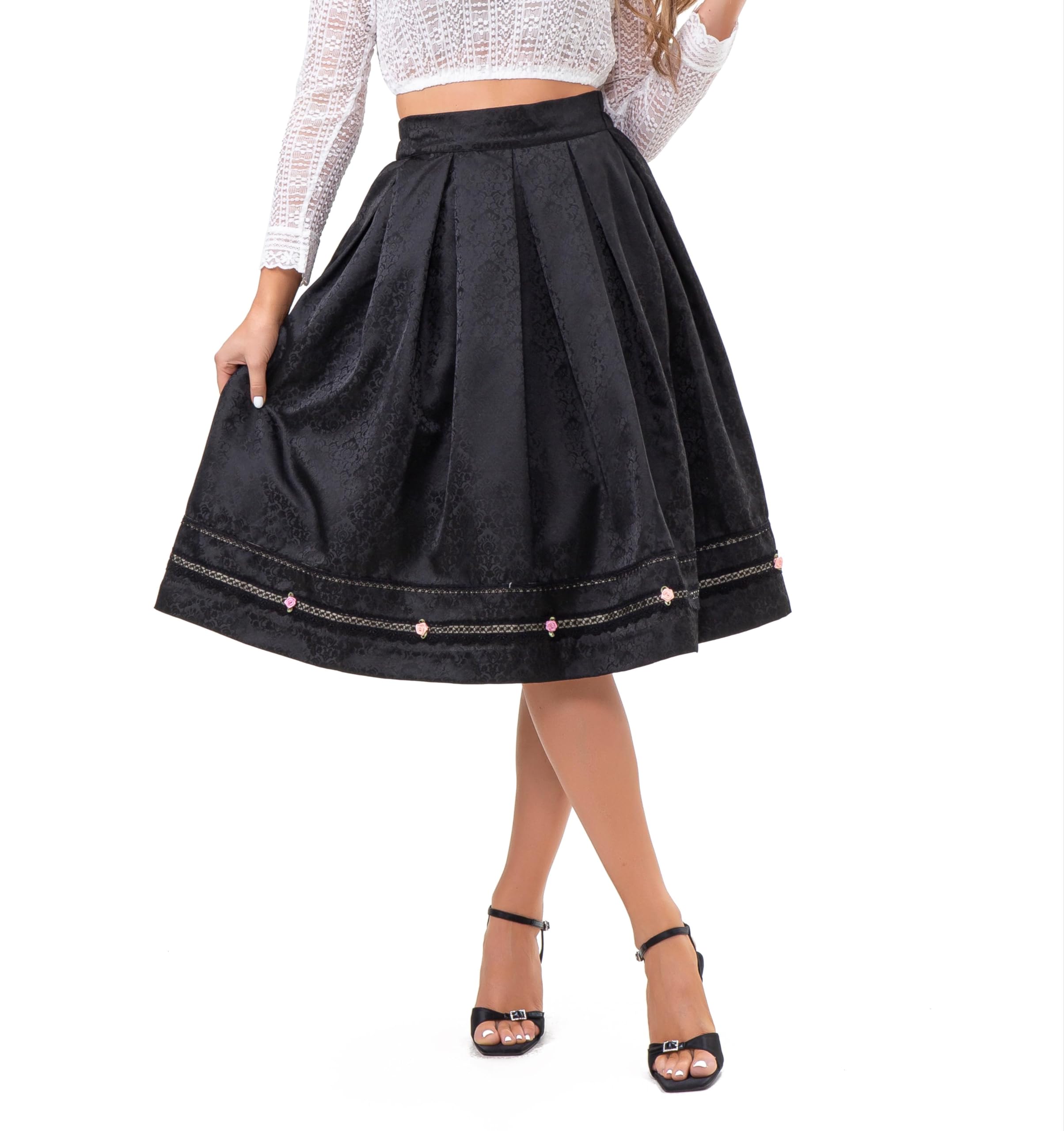 Trachtenrock Damen Knielang Dirndlrock Damen Midi aus Jacquad 65cm Damen Oktoberfest Röcke Elegent Trachten Oberteil Schwarz Größe 34-46