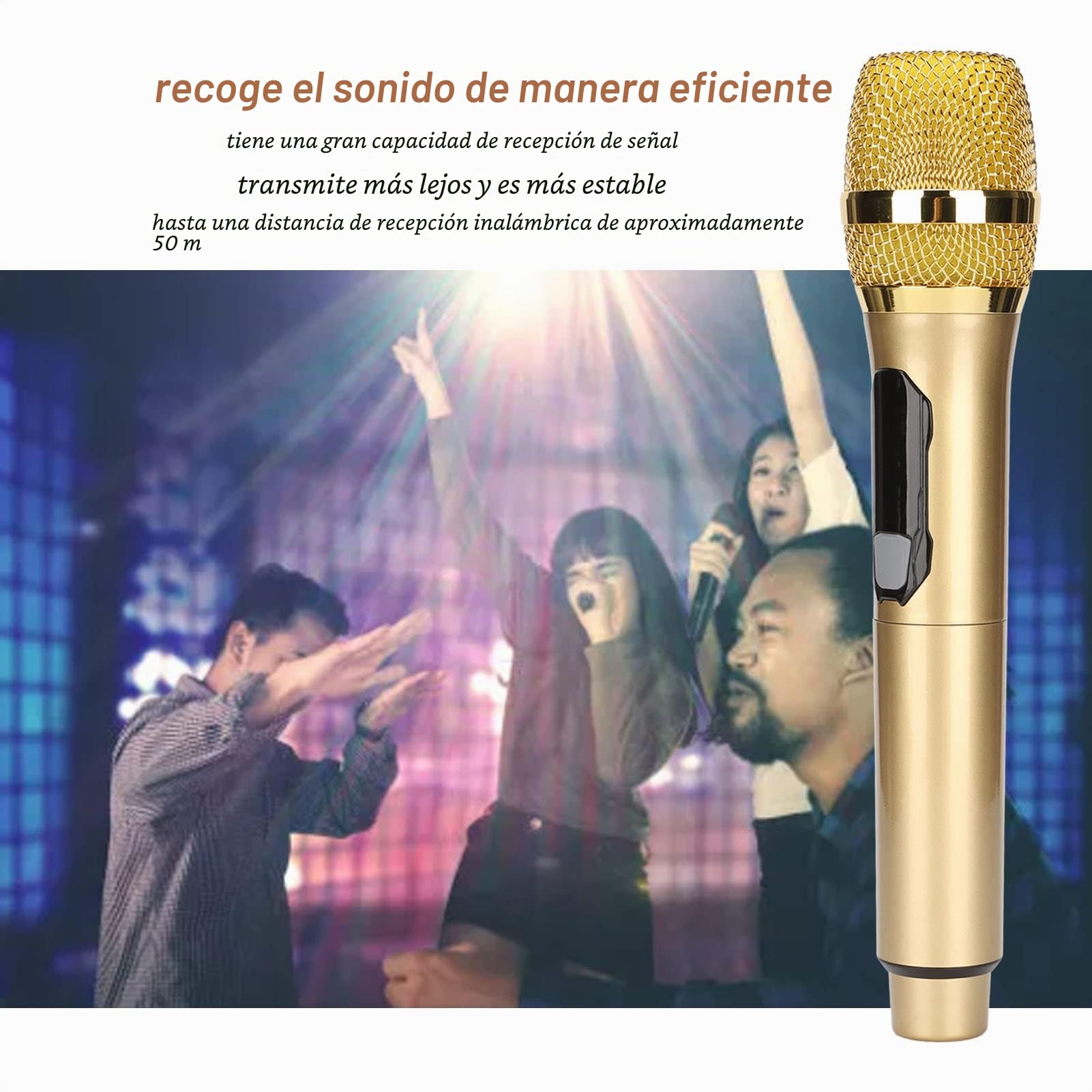 Goshyda Micrófono Inalámbrico, de Micrófono de Mano Inalámbrico Bluetooth Karaoke, con Pantalla LED Inteligente, Señal Estable, para Conferencias en el Hogar Al Aire Libre, para Teléfono(Oro)