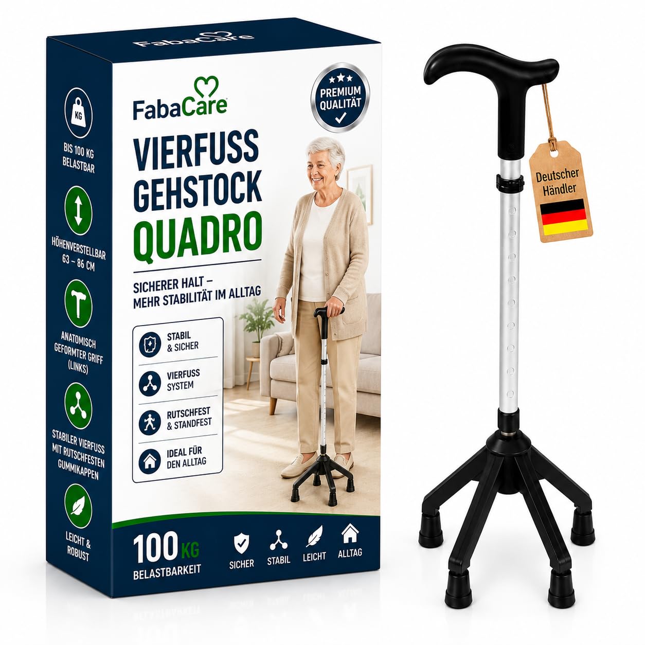 FabaCare Vierfuß Gehstock mit Fritz-Griff für Links und rechts, Vierfußgehstütze, Vierfußgehhilfe, Gehhilfe, Gehrahmen bis 100 kg