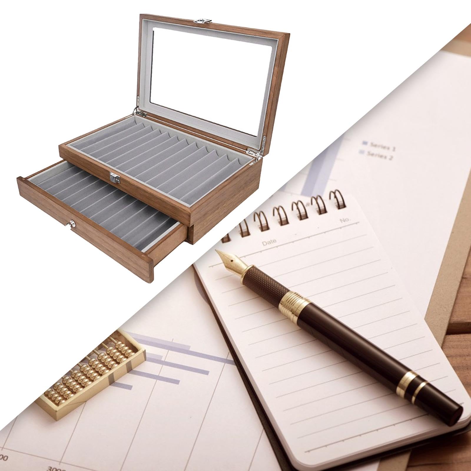 Stiftebox Aus Holz mit Glasdeckel, Aufbewahrungsbox für Füllfederhalter, Füllfederhalter Etui mit 23 Fächern – Ideales Geburtstagsgeschenk