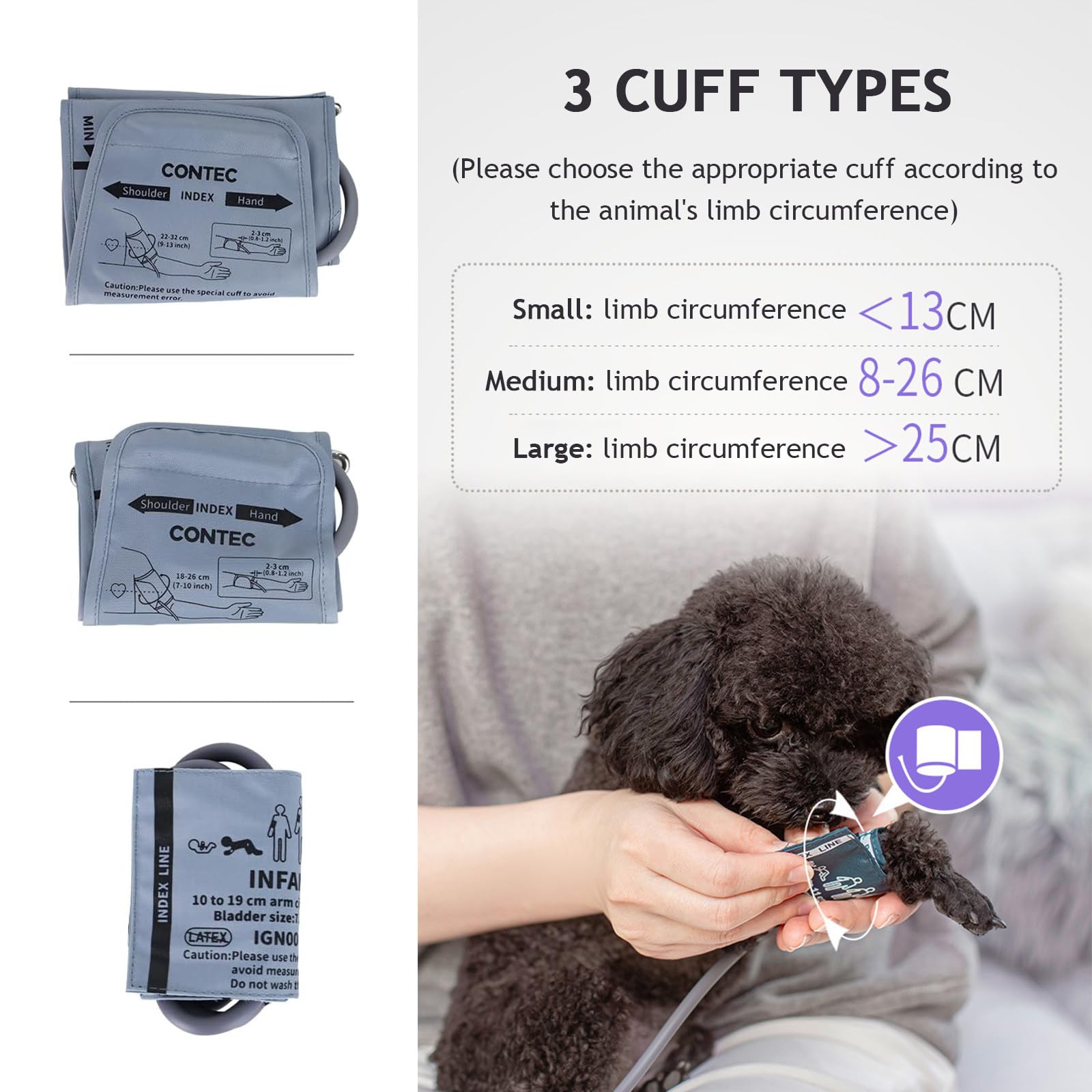 Tensiómetro automático para uso veterinario/animal, con pantalla de 2,8" y 3 brazaletes, esfigmomanómetro electrónico con memoria para más de 100 lecturas, para perros, gatos y mascotas.